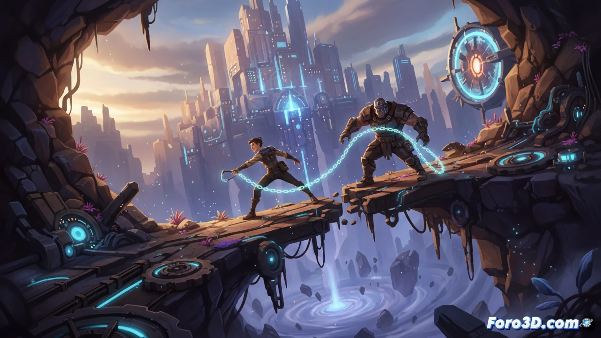 Captura de Chained Together con dos personajes unidos por cadena brillante en escena iluminada con Lumen en Unreal Engine 5