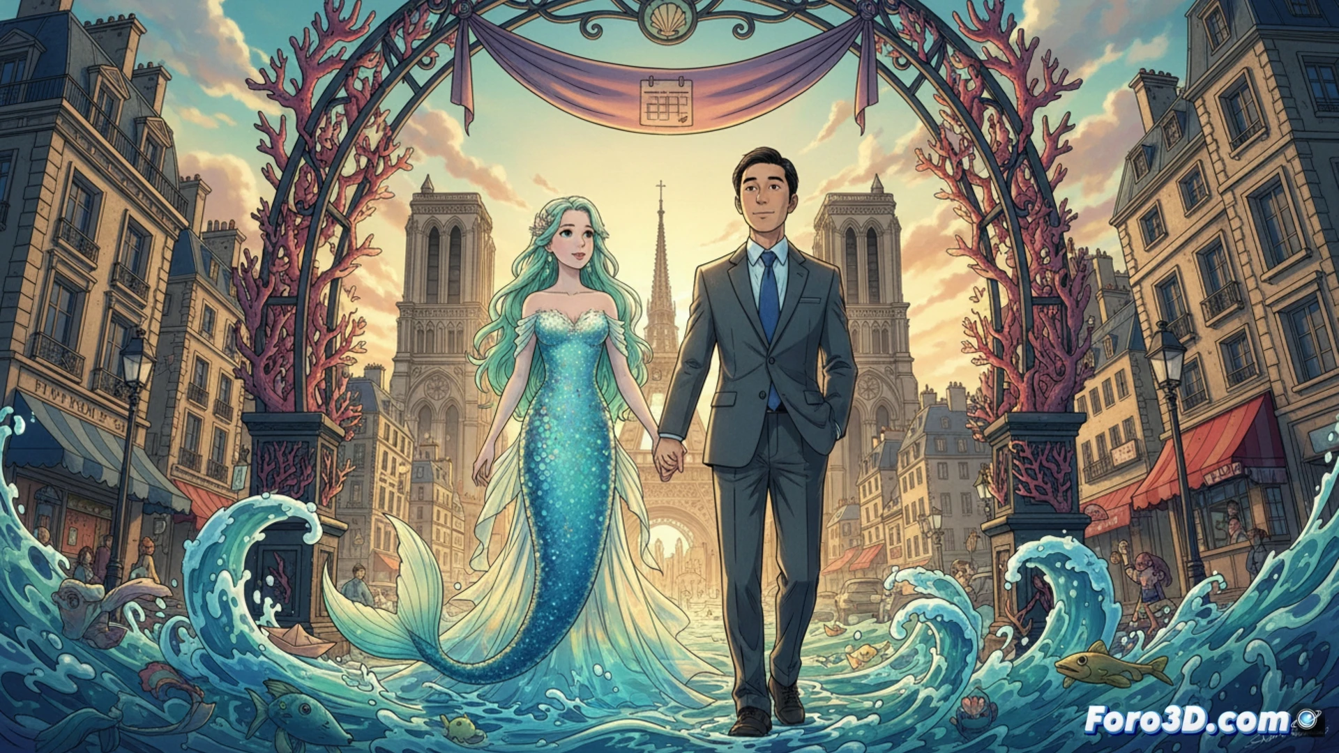 Un oficinista gris mira asombrado a una sirena con corona, sentada en un escritorio junto a un pastel nupcial francés.