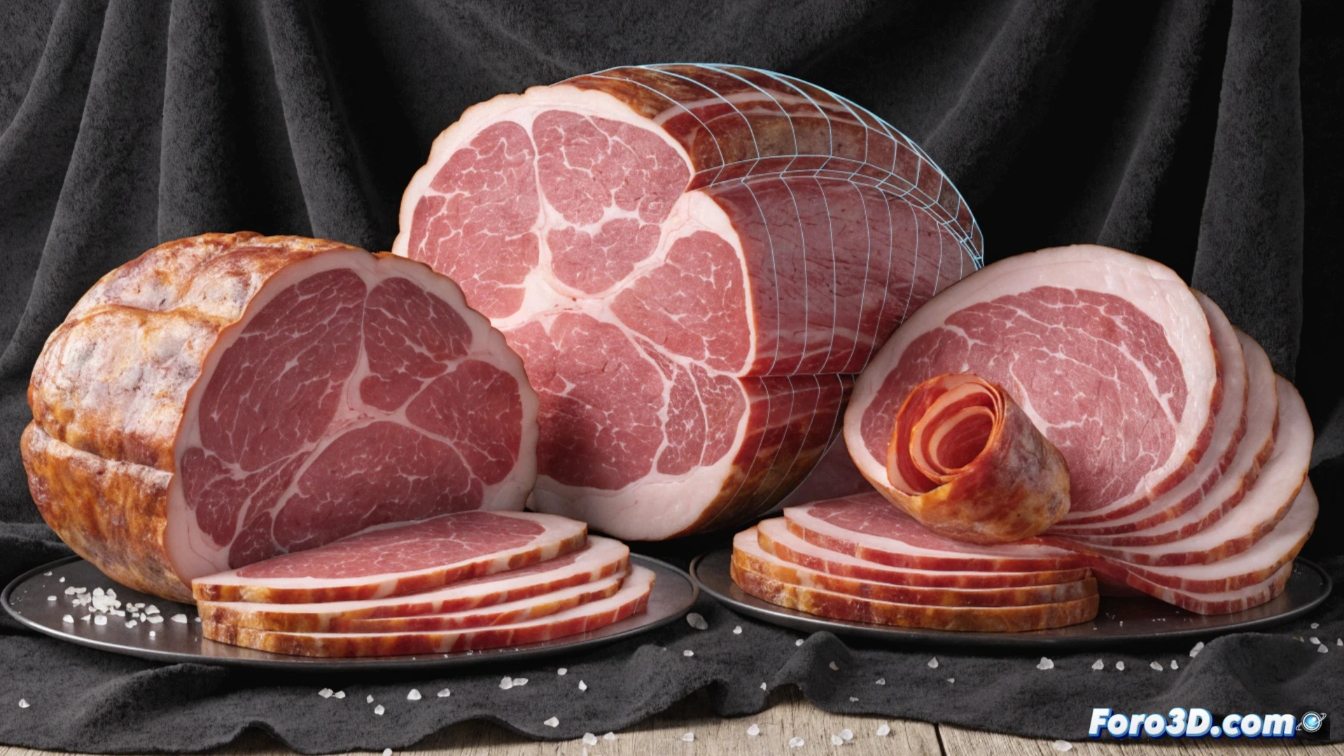 Descripción detallada para imagen:  
Un jamón digitalizado en 3D flota sobre una pantalla táctil, con líneas de corte precisas marcadas en su superficie. Al lado, un charcutero sostiene un cuchillo frente al modelo virtual, mientras datos de rendimiento aparecen en la interfaz.