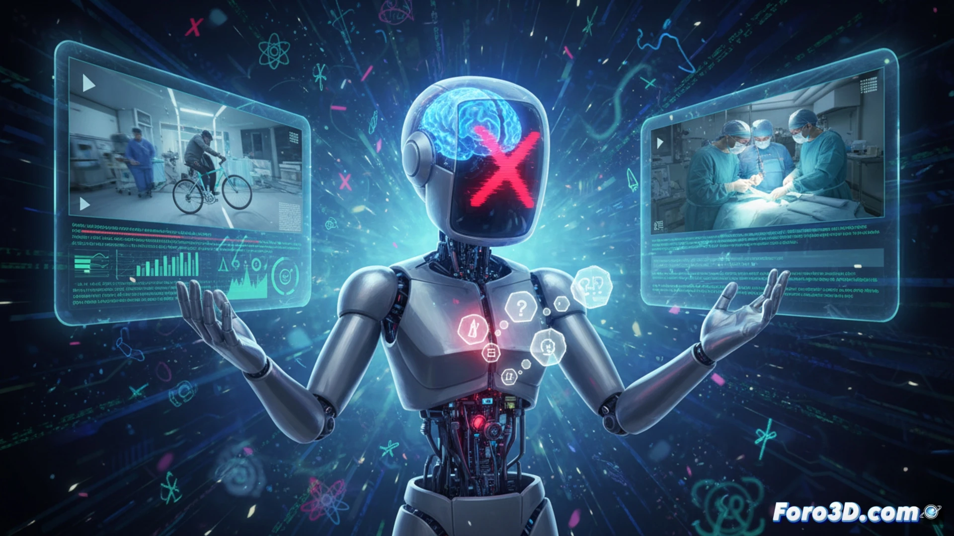 cinematic wide shot of a person holding a smartphone displaying a paused video of a clear scientific experiment, while a glowing laptop screen beside it shows a chatbot interface with a red error warning icon and a speech bubble containing a deliberately crossed-out visual proof symbol, the person pointing at the video with a frustrated expression, the laptop keyboard reflecting blue light, the chatbot window showing a persistent false statement in bold, contrasting the real evidence on the phone, dark room with focused desk lamp, photorealistic technical illustration, dramatic shadows highlighting the disconnect between visual data and AI output, ultra-detailed screen reflections, engineering visualization style