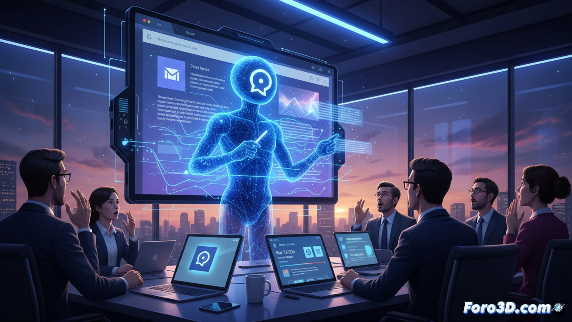 professional office scene, a presenter gesturing toward a large screen showing PowerPoint slide being transformed by ChatGPT interface overlay, floating holographic text blocks being rearranged mid-air, glowing edit icons hovering over slide content, laptop displaying Gmail and SharePoint data streams merging into the presentation, cinematic technical illustration style, warm ambient office lighting, blue accent glow from AI interface, polished glass conference table, blurred background with colleagues watching, photorealistic 3D render, clean modern workspace, subtle reflection on screen surface, dynamic composition showing real-time collaboration