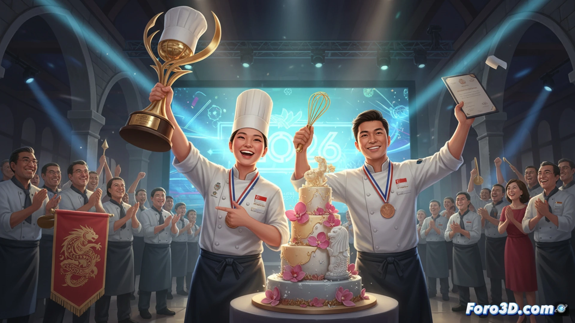 Two Singaporean chefs in crisp white uniforms simultaneously working at stainless steel pastry stations, Cheng Yen Ping piping delicate frosting onto a multi-tiered cake while Stanton Wong plating a savory dish with micro-herbs, surrounded by glowing induction cooktops and digital timers, judges observing from a raised platform, Welsh castle visible through arched windows, photorealistic cinematic lighting, steam rising from copper pots, precision tools scattered on marble countertops, dramatic shadows from overhead spotlights, ultra-detailed textures of chocolate shards and gold leaf, winning dessert displayed under glass dome in foreground