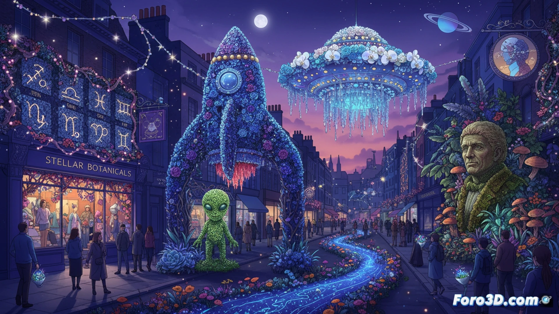Chelsea street transformed into intergalactic floral festival, giant glowing UFO made of orchids suspended over Pavilion Road while pedestrians photograph it, Kings Road globe flower sculpture honoring Sir David Attenborough being assembled by florists using telescopic lifts and pruning tools, shop windows featuring astrological floral displays with LED stars and nebula-colored petals, cinematic photorealistic style, dramatic twilight sky with soft pink and purple hues, warm streetlamp light reflecting on wet pavement, detailed flower textures, technical precision in structural floral engineering, bustling crowd with umbrellas, atmospheric London evening