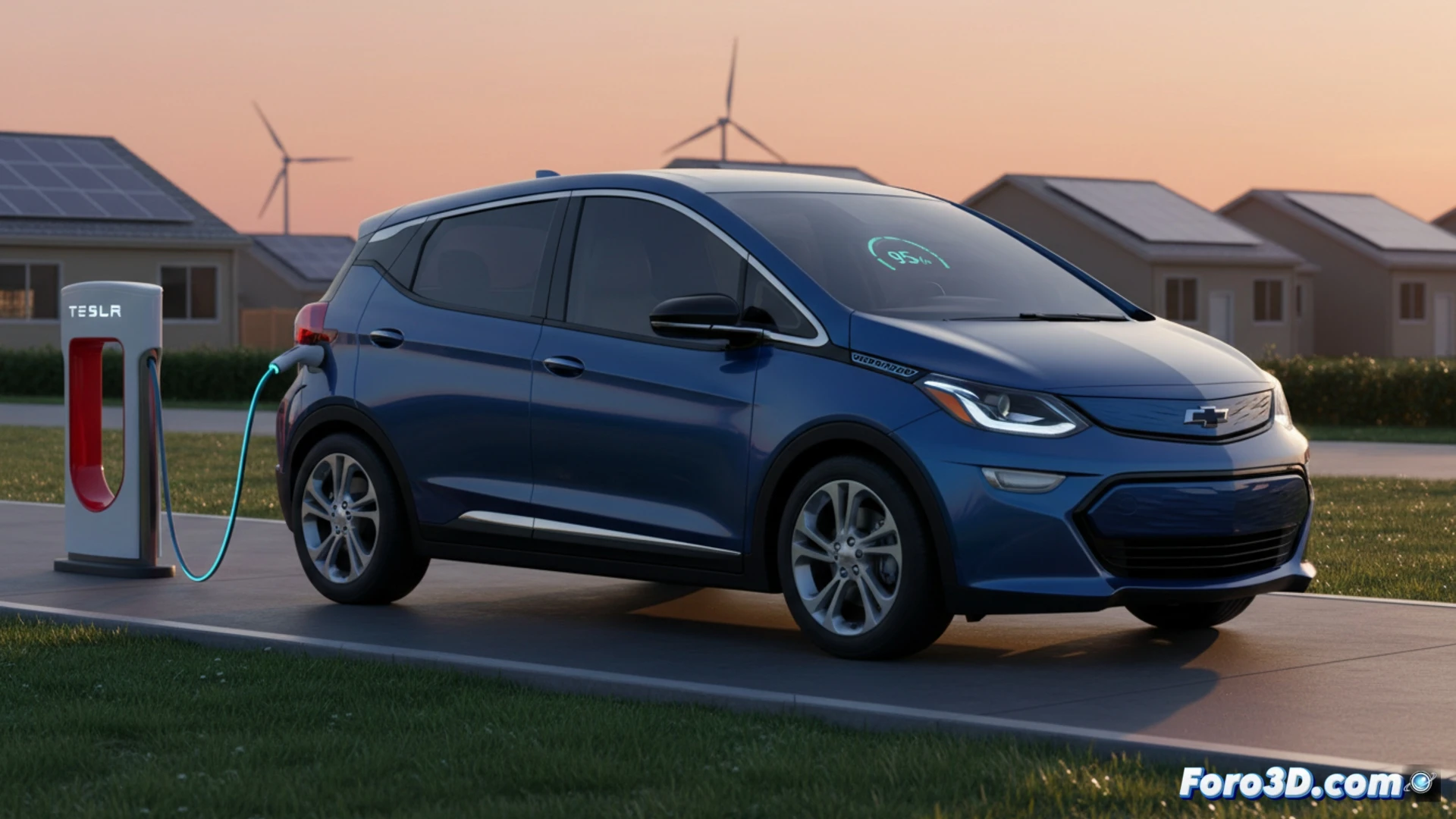 Chevrolet Bolt 2027 hatchback charging at a Tesla Supercharger station, battery pack with 65 kWh capacity visible through cutaway diagram, NACS connector inserted into port while energy flow lines pulse blue, driver holding a smartphone showing charging app, practical interior with minimal dashboard and digital display, daytime scene with clear sky, photorealistic automotive engineering visualization, metallic paint reflecting sunlight, charging cable with glowing indicator, realistic shadows and reflections, ultra-detailed mechanical components, cinematic lighting highlighting the affordable EV design
