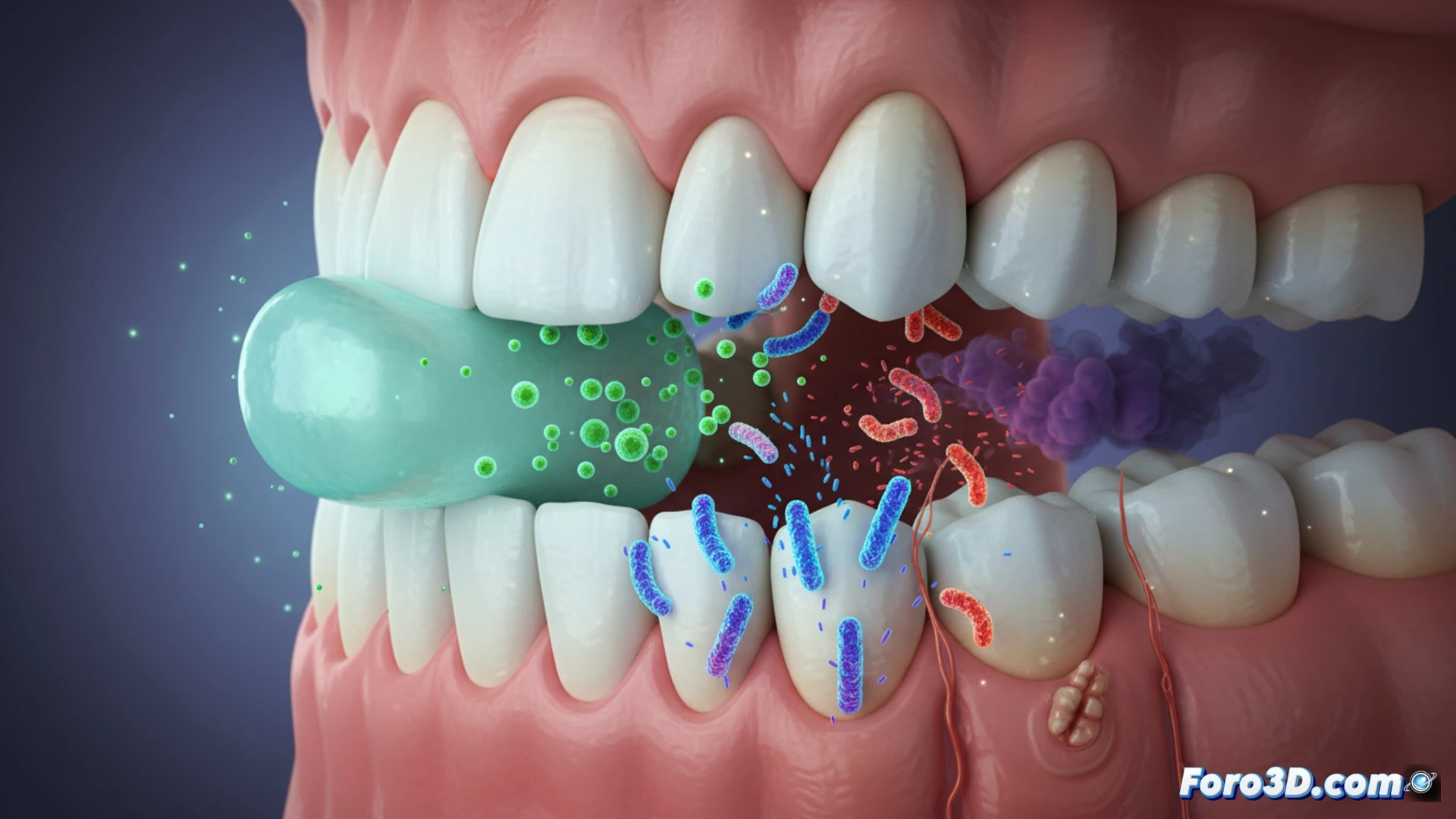 Una sonrisa sana muerde un chicle verde, con bacterias beneficiosas y nitrato brillando, reduciendo inflamación y sangrado dental.