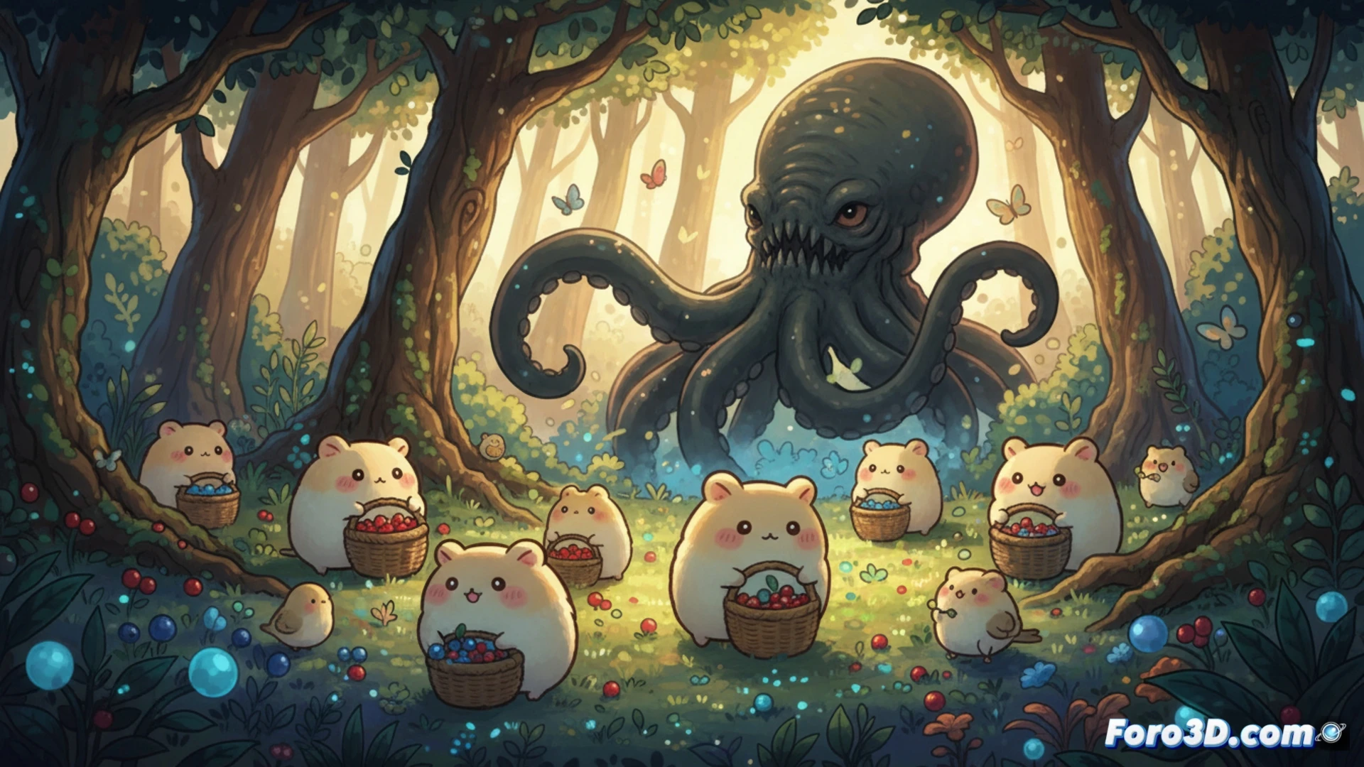 Tres criaturas redondas de ojos brillantes huyen de un pulpo gigante en un bosque idílico, contrastando ternura y horror.