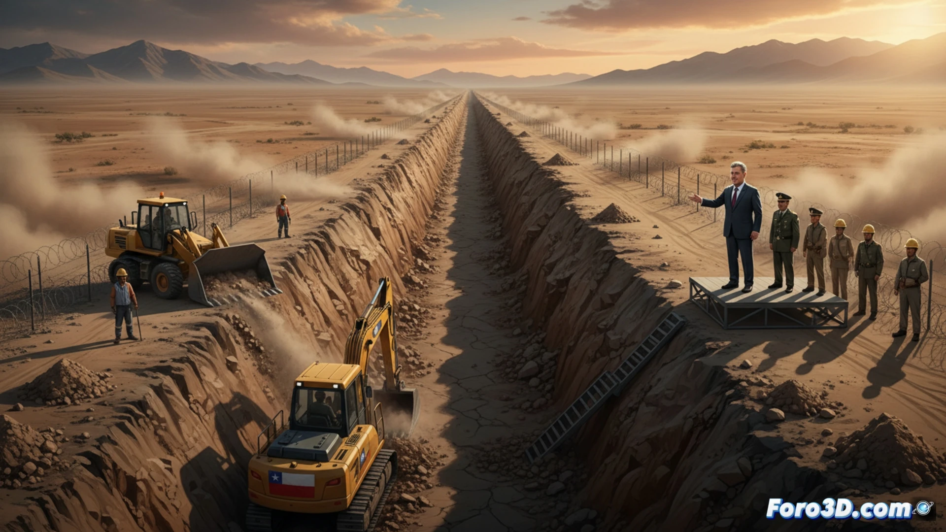 Chilean army engineers digging a deep anti-migrant trench along the northern border with Peru, excavators removing arid desert soil, three-meter-deep cut stretching across the horizon, military surveyors using GPS tablets and laser rangefinders to measure alignment, orange safety cones and temporary fencing marking the perimeter, dust clouds rising during excavation, dramatic sunset lighting over the Atacama Desert, photorealistic technical illustration, hyper-detailed construction machinery, realistic arid landscape textures, cinematic wide-angle shot showing the scale of the engineering operation