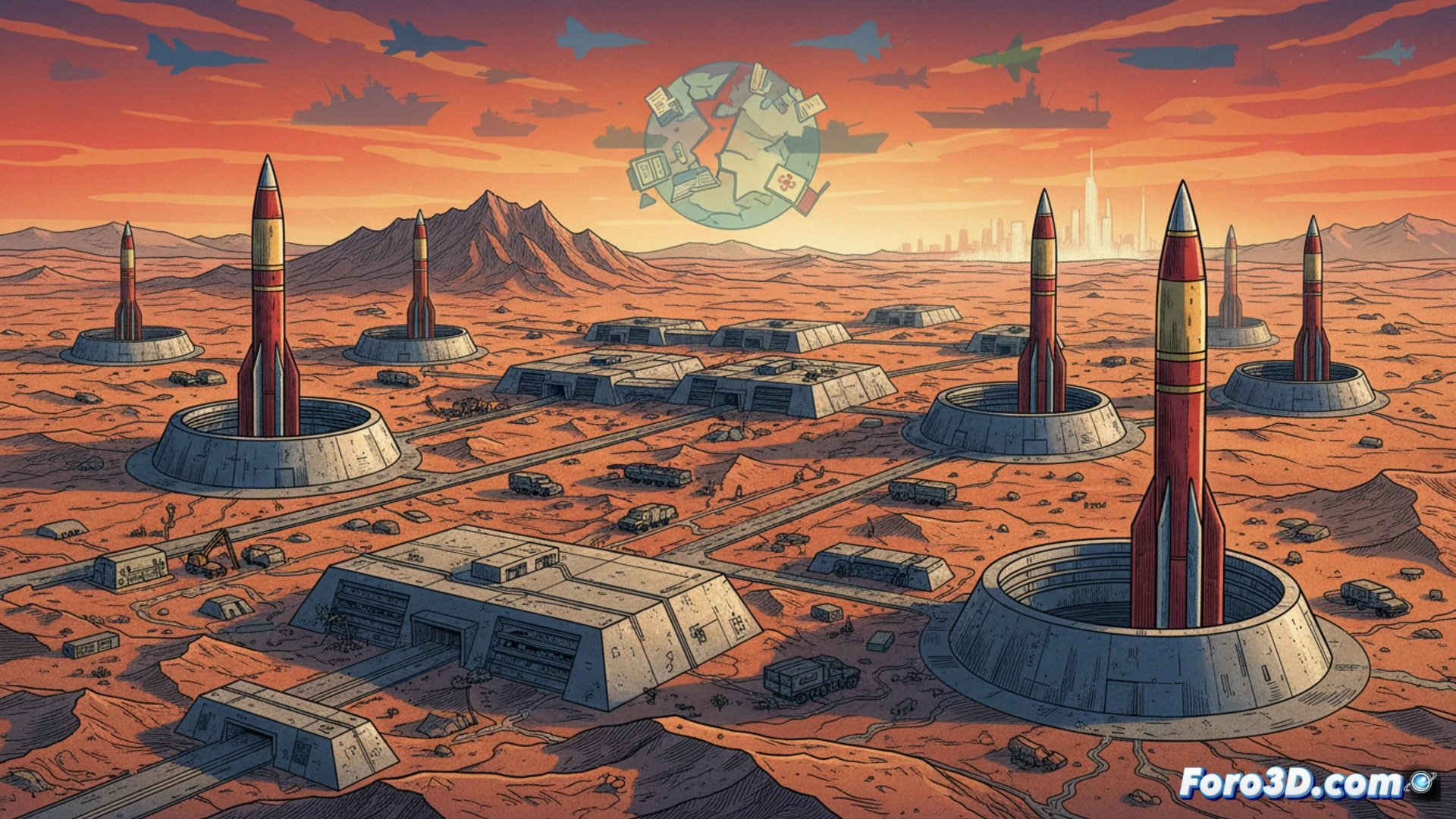 barren landscape with multiple concrete missile silo hatches opening simultaneously, mechanical arms extending from underground launch platforms during activation sequence, dust clouds rising from hydraulic pistons, reinforced steel blast doors sliding apart, adjacent construction cranes assembling new silo rings, military personnel in protective gear monitoring control panels, satellite dish arrays rotating on distant hills, cinematic photorealistic technical illustration, dramatic sunset lighting casting long shadows, ultra-detailed industrial concrete textures, motion blur on mechanical parts, glowing red warning lights on perimeter fences, high-angle wide shot showing entire missile field