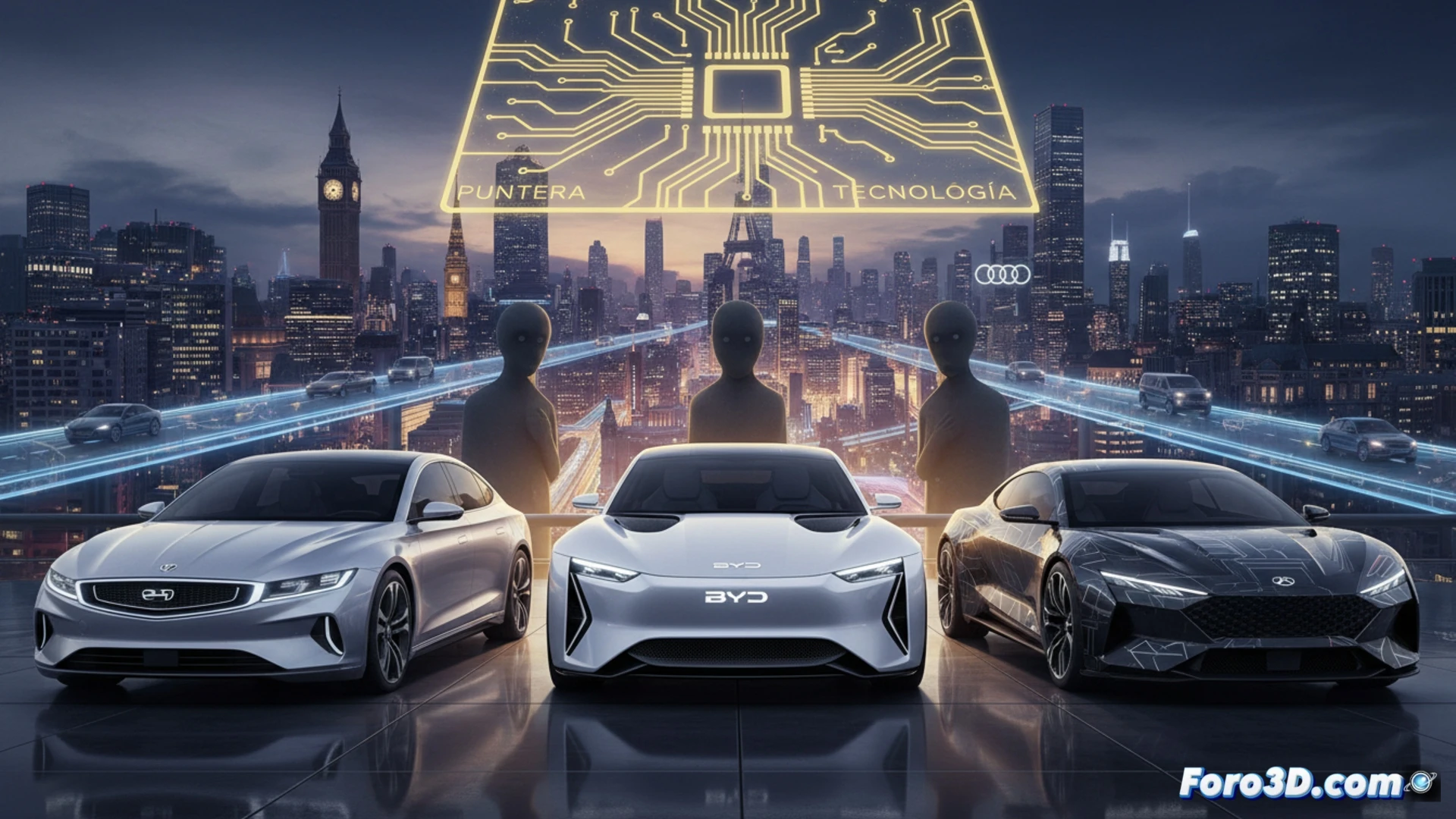 Chinese luxury electric sedan performing a dynamic overtaking maneuver on a rain-slicked European highway, glossy Obsidian Black paint reflecting blurred LED headlights from a trailing BMW, illuminated BYD emblem glowing on the grille, advanced LiDAR sensors scanning the road ahead, digital dashboard displaying real-time torque vectoring data, carbon-fiber mirror housing with integrated 360-degree camera, ultra-low drag coefficient visible in water droplets sliding across the hood, photorealistic cinematic shot with deep shadows and high-contrast rim lighting, technical engineering visualization emphasizing premium build quality and autonomous driving hardware, motion blur on wet asphalt, subtle orange glow from brake calipers during controlled acceleration