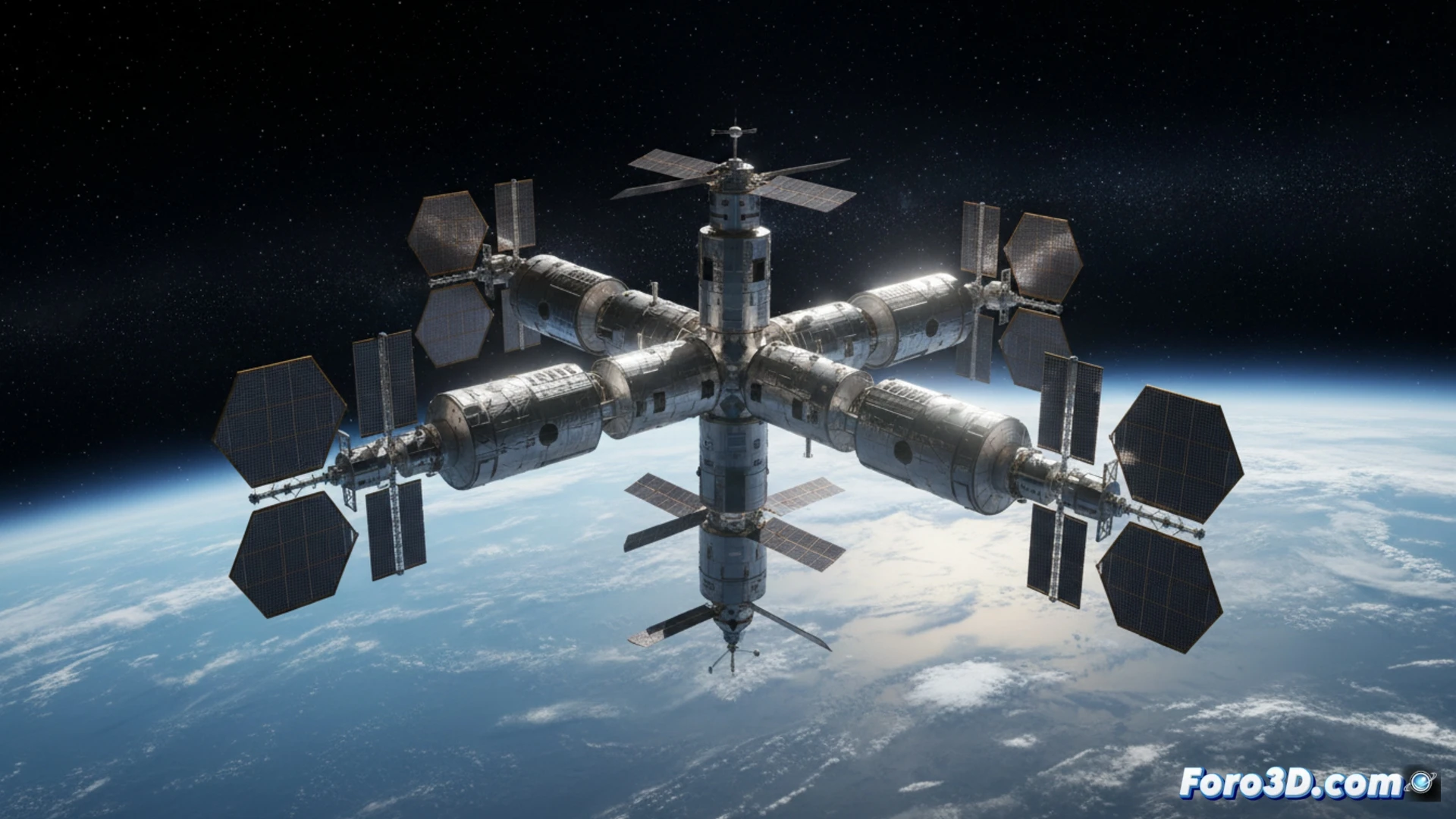 Una imagen muestra la estación Tiangong china ampliada a seis módulos, brillando en órbita, mientras la ISS envejecida se desvanece al fondo.