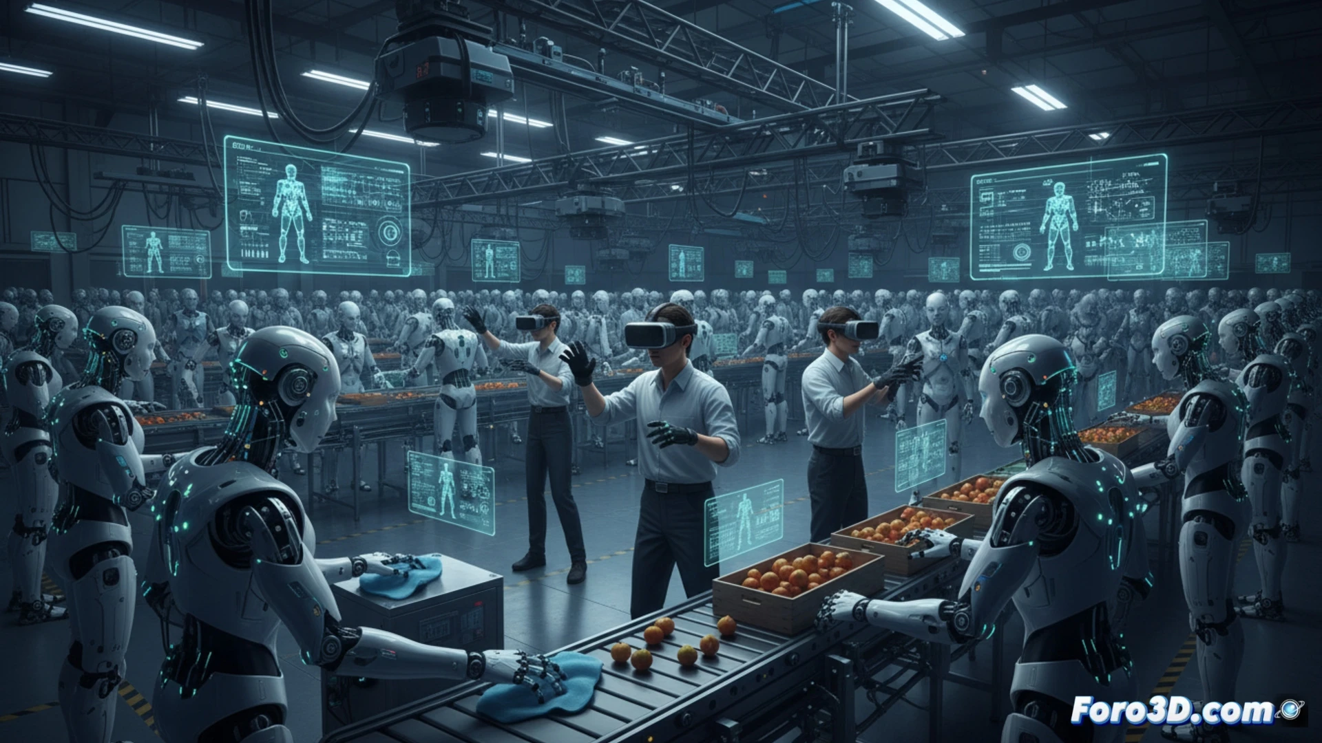 industrial robotics training facility, thirty humanoid robots positioned in rows performing repetitive physical tasks, operators wearing VR headsets controlling robot arms via motion capture, robot hand wiping a table surface while fruit sorting station shows robotic grippers handling apples, overhead camera rigs and LiDAR sensors recording movement data, concrete factory floor with cable management systems, holographic data streams displaying joint angles and force feedback, cool blue LED lighting mixed with warm task lights, photorealistic engineering visualization, wide-angle lens capturing depth and scale, mechanical joints with visible actuators and wiring, subtle motion blur on moving robot limbs, dust particles in shaft of light, technical documentation screens on distant wall