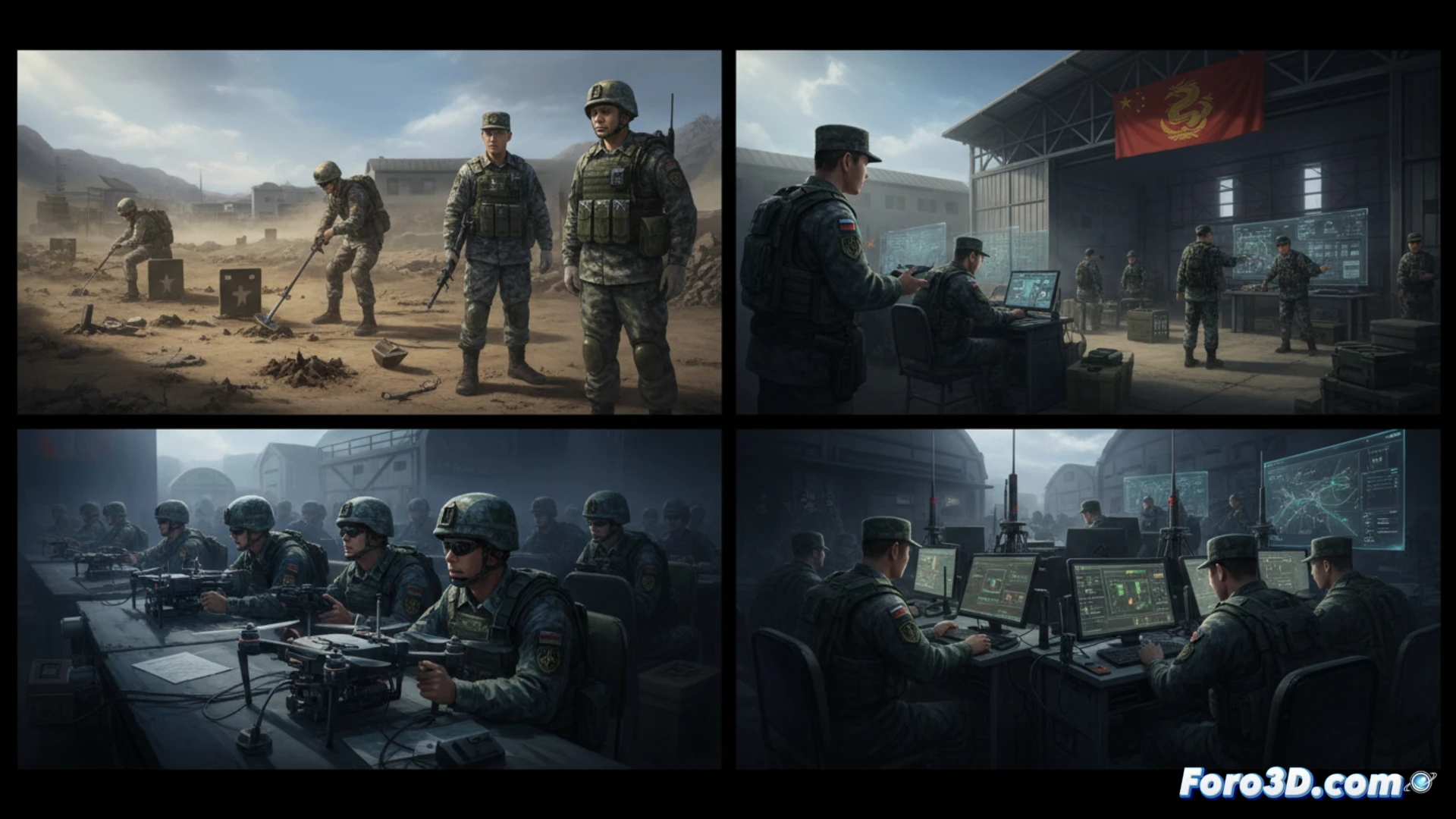 Chinese military instructors demonstrating FPV drone operation to Russian soldiers on a dusty training ground, drone launching from a handheld catapult, electronic warfare jamming equipment on a nearby table, mechanized infantry vehicles advancing in background, mine detection tools being used by kneeling soldiers, autumn overcast sky, military base with concrete barriers and observation towers, cinematic photorealistic technical illustration, sharp focus on drone and instructor hands, motion blur on rotor blades, realistic camouflage uniforms, dramatic low-angle sunlight breaking through clouds, ultra-detailed equipment textures