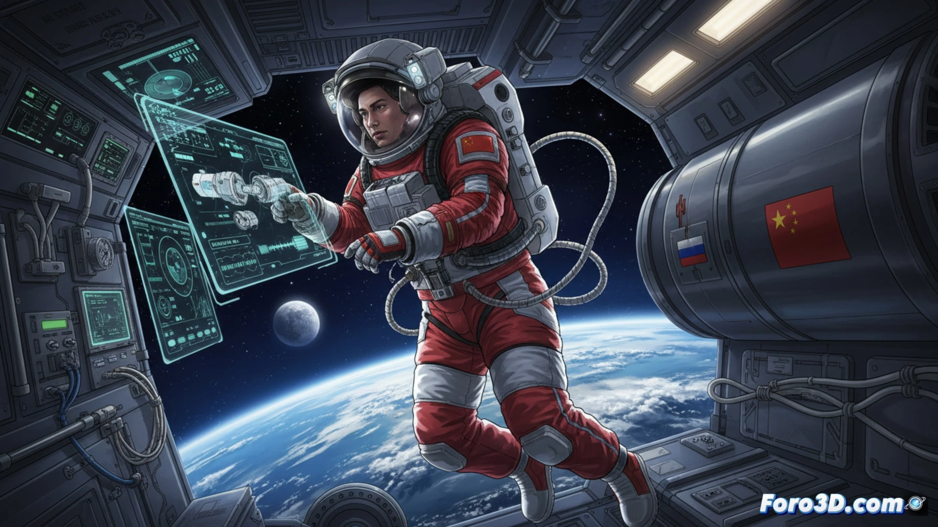 astronauta chino en traje espacial dentro del módulo central Tianhe de Tiangong, realizando mantenimiento en un panel de control de acoplamiento con herramientas especializadas, mientras un brazo robótico muestra un experimento de radiación con sensores ópticos, fondo con tierra visible por la ventana, gráficos de datos biomédicos flotando en pantallas holográficas, ingeniería espacial realista, iluminación fría y contrastes metálicos, estilo cinematográfico y técnico, alta precisión en detalles de hardware y conexiones.