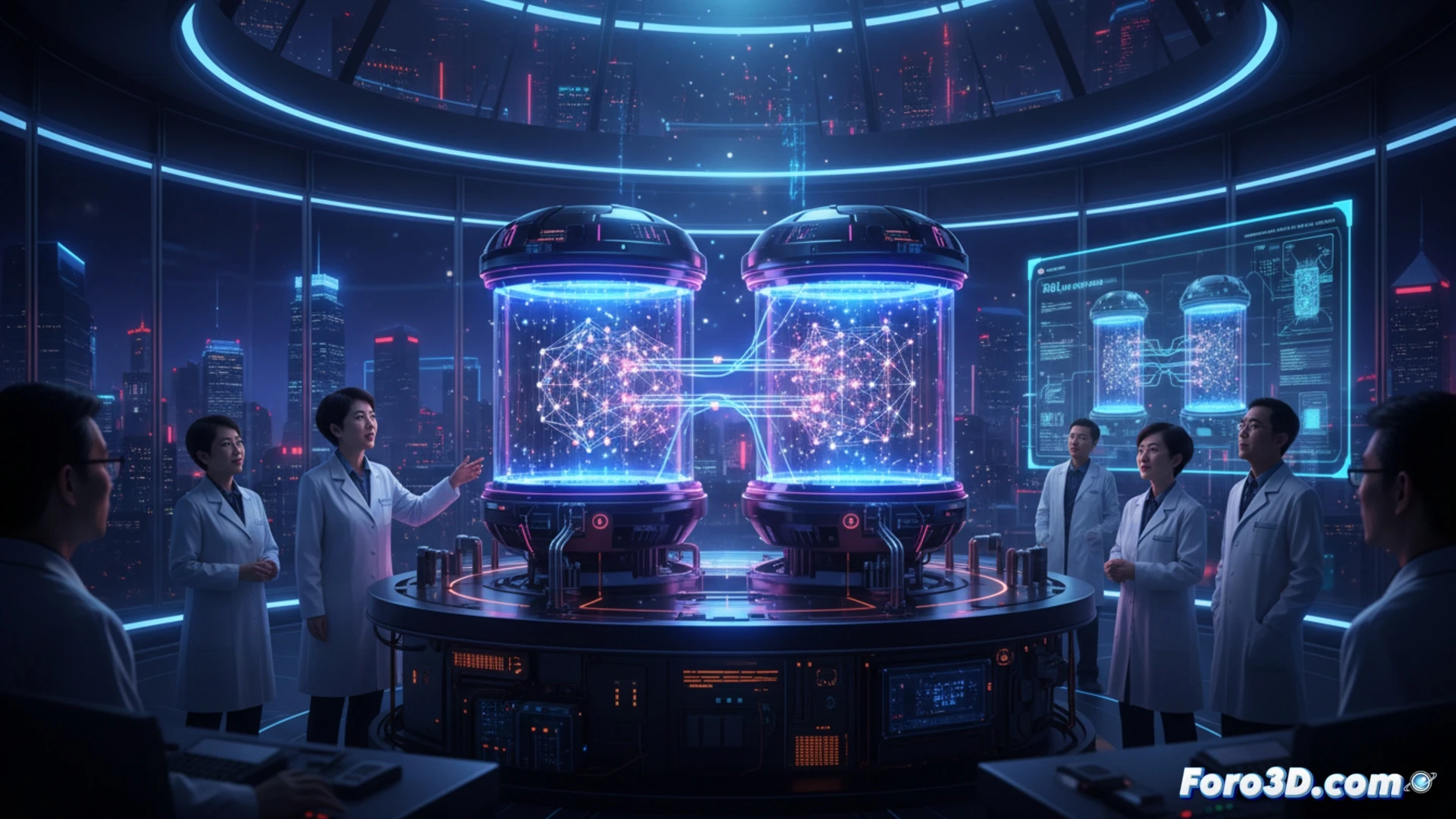 Un laboratorio futurista muestra dos núcleos cuánticos de átomos de rubidio brillando en azul y rojo, conectados por haces de luz.