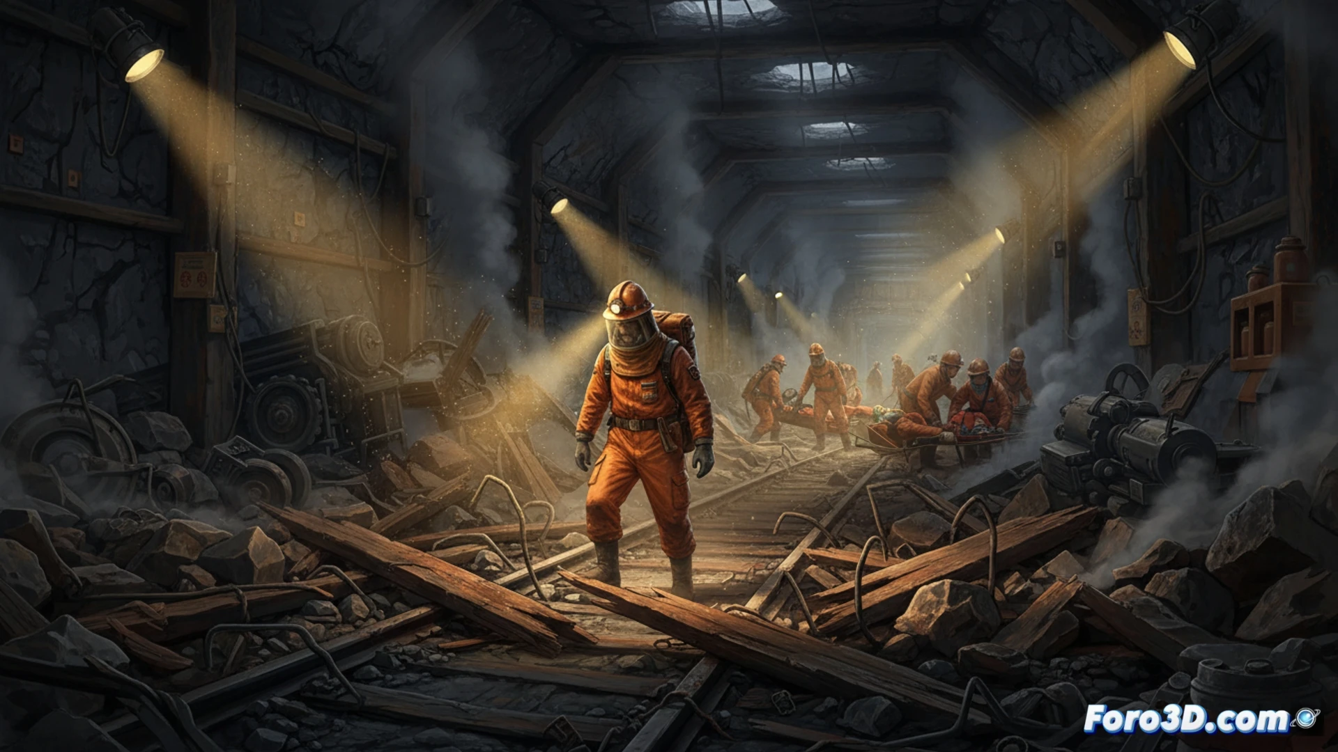 coal mine explosion aftermath scene, rescue workers in orange uniforms and helmets moving through a dark tunnel with rubble and twisted metal rail tracks, portable gas detectors being held up by a technician while another checks a damaged ventilation duct, dust particles floating in the air under dim emergency lights, technical engineering visualization style, photorealistic render, heavy industrial atmosphere, concrete supports cracked and splintered, yellow cables hanging from the ceiling, dramatic shadows from headlamps, highly detailed safety equipment and mining machinery in the background, cinematic composition