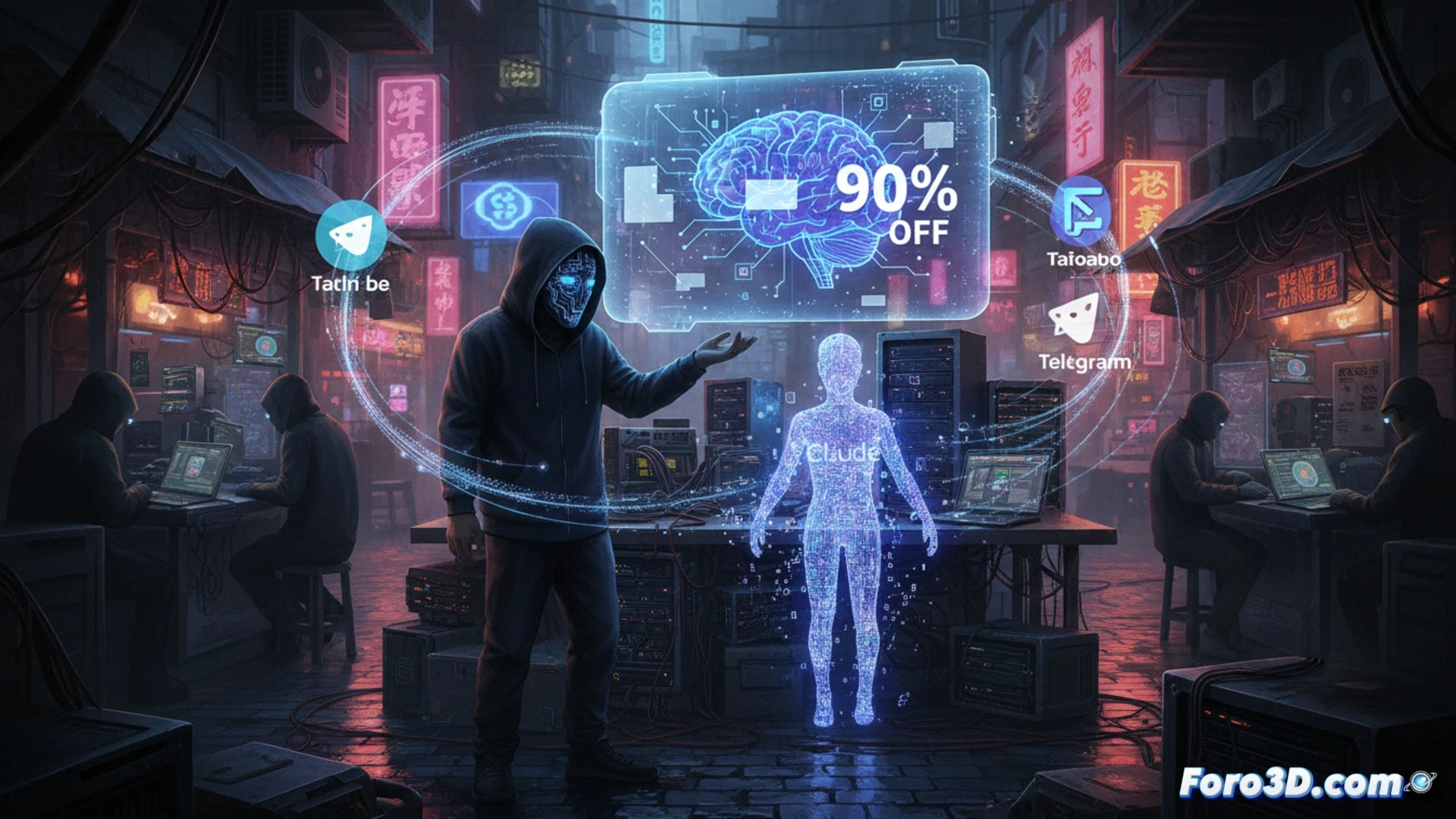 Una terminal de computadora muestra el logo de Claude con un 90% de descuento en medio de engranajes y tuberías de datos, con símbolos de GitHub, Taobao y Telegram conectados a un frasco de destilación etiquetado como IA.
