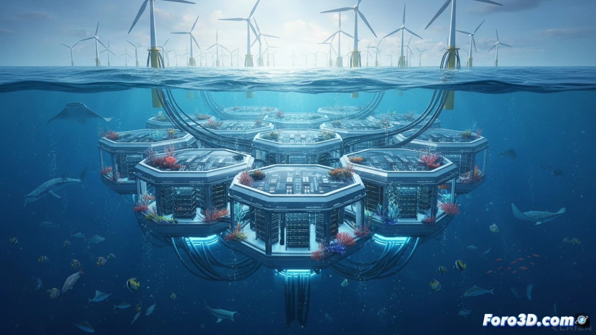 underwater data center module being lowered into ocean near Hainan coast, cooling pipes drawing seawater through titanium heat exchangers, LED status lights glowing blue on server racks visible through reinforced glass ports, divers inspecting external cable conduits, offshore wind turbine in background supplying power, bubbles rising from pressure equalization vents, photorealistic technical illustration, cinematic deep blue lighting, realistic caustic reflections on metal hull, ultra-detailed corrosion-resistant coating texture, calm surface above with clear sky contrast