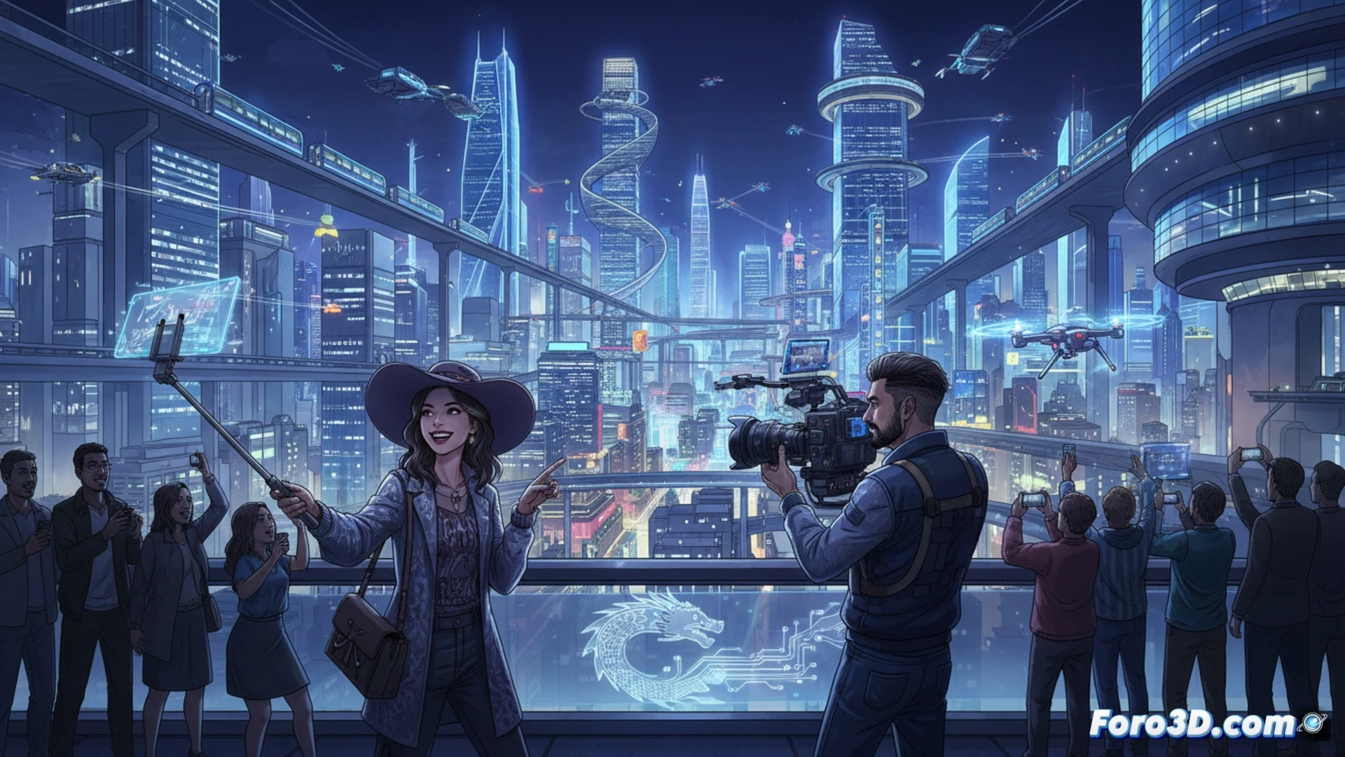 futuristic cityscape at night, Chongqing skyline with illuminated skyscrapers and neon lights, a smartphone held by a hand in foreground displaying video editing software timeline with sponsored content overlay, a drone hovering above capturing aerial footage of the city, while a young blogger stands on a rooftop balcony smiling and pointing at the glittering skyline, camera equipment and tripod visible beside them, cinematic photorealistic style, ultra-detailed reflections in glass buildings, dramatic blue and orange lighting, motion blur from passing traffic below, demonstrating staged urban perfection during a live content creation session