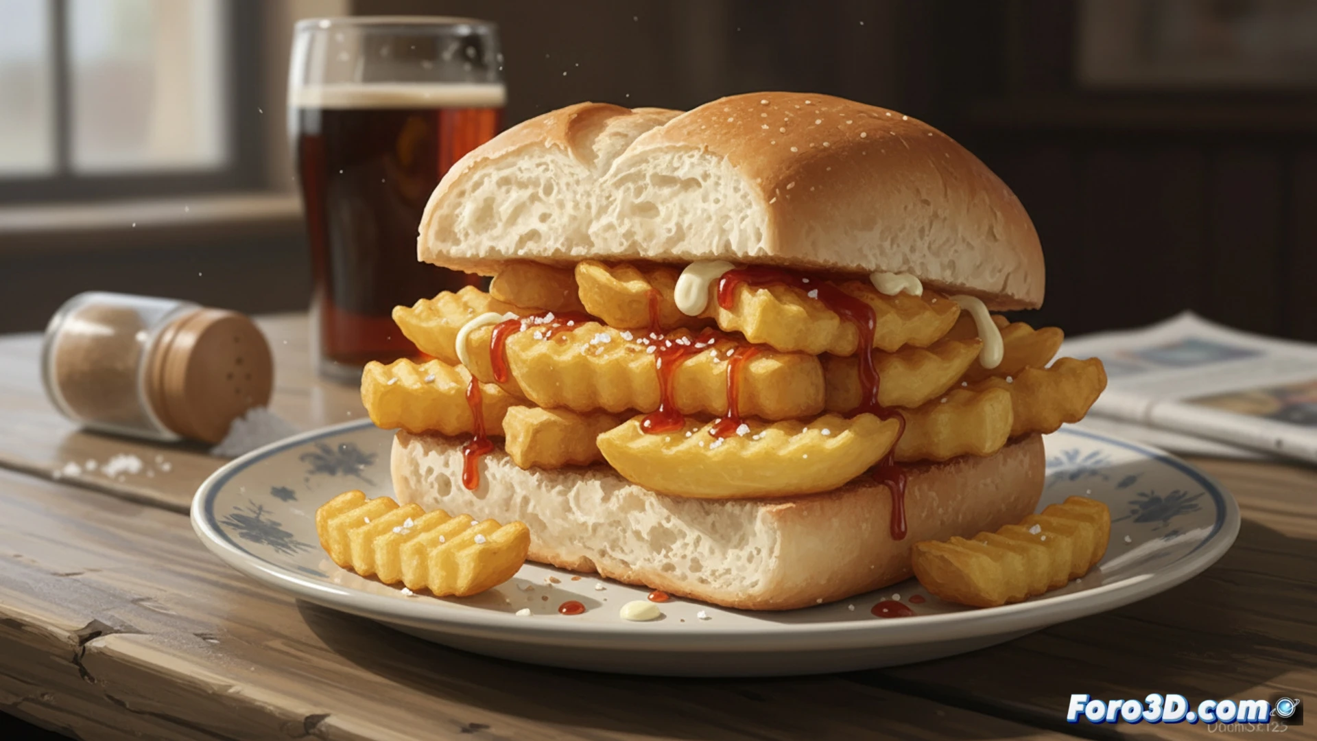 Primer plano de un chip butty: pan blanco esponjoso abierto, relleno de patatas fritas doradas y crujientes, con sal y vinagre de malta.