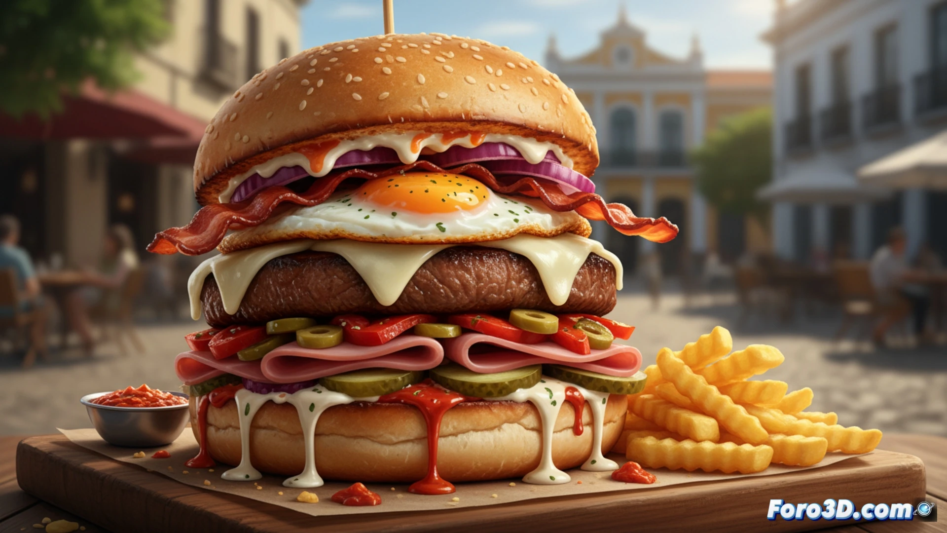 Chivito uruguayo: sándwich desbordante con lomo, jamón, panceta, huevo, queso y verduras frescas, todo en pan crujiente.