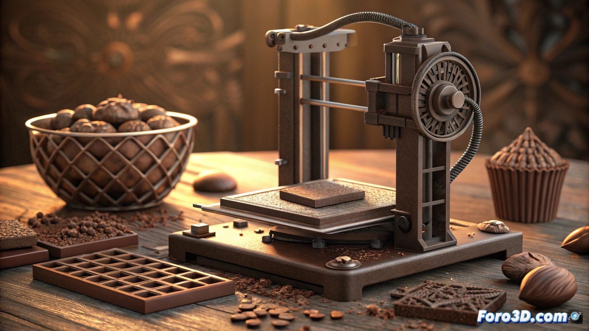 Una impresora 3D roja deposita chocolate fundido capa a capa, formando una figura de estrella detallada sobre una bandeja metálica.