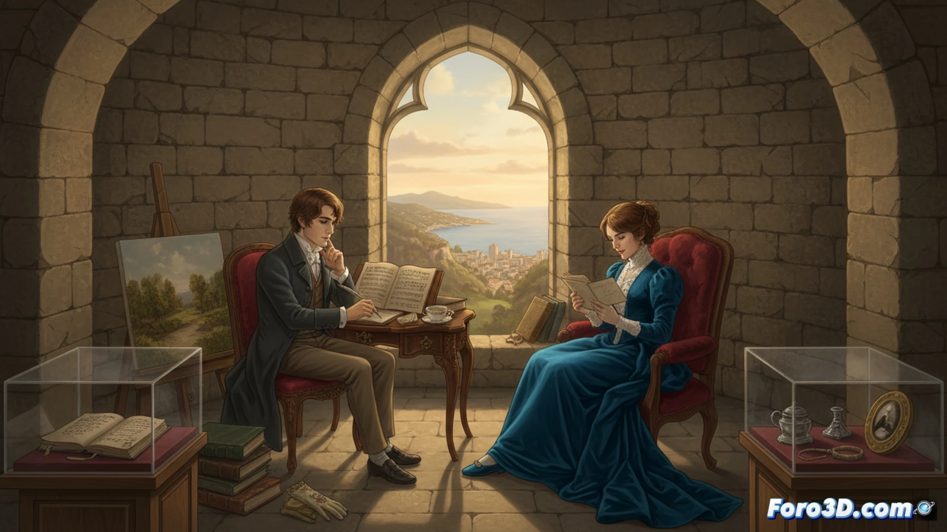 medieval castle stone archway with candlelit interior, Chopin s piano keyboard open with handwritten sheet music resting on keys, George Sand s inkwell and quill pen beside a half-written letter on wooden desk, oil painting easel displaying a Mallorcan landscape, scattered dried leaves and a woven basket of oranges on floor, warm golden hour light streaming through narrow window, dust particles floating in sunbeams, cinematic historical recreation shot with shallow depth of field, ultra-detailed textures on stone walls and aged paper, photorealistic 19th century atmosphere