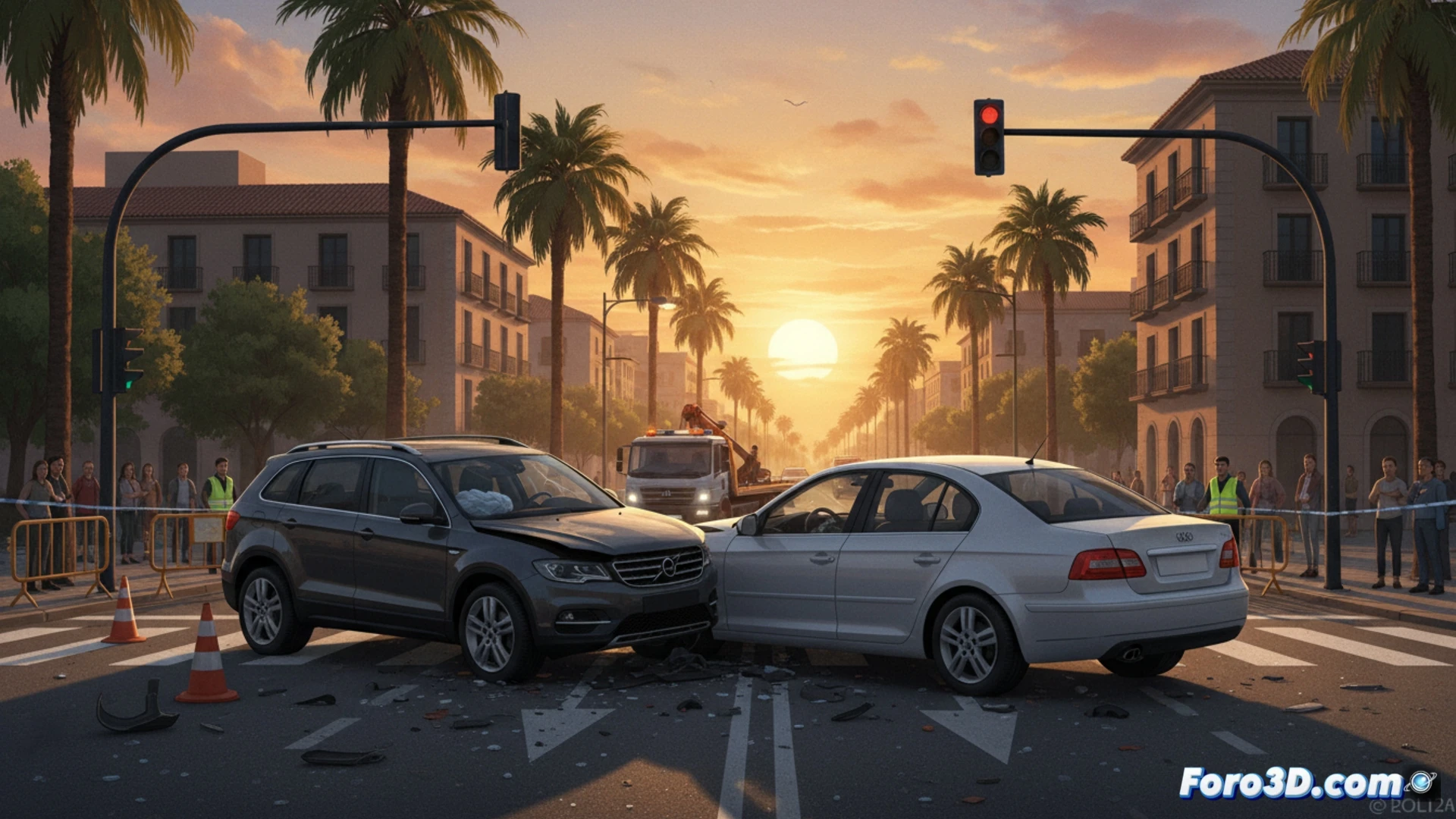 Two damaged cars at a traffic light intersection on Avenida de México in Palma at dusk, front-end collision aftermath, crumpled hoods and shattered headlights, one vehicle with deployed airbag, both blocking the road while waiting for a tow truck, emergency hazard lights flashing, wet asphalt reflecting city lights, cinematic photorealistic style, dramatic evening lighting with deep shadows and warm streetlamp glow, ultra-detailed vehicle damage textures, motion blur from passing traffic in background, technical accident reconstruction visualization