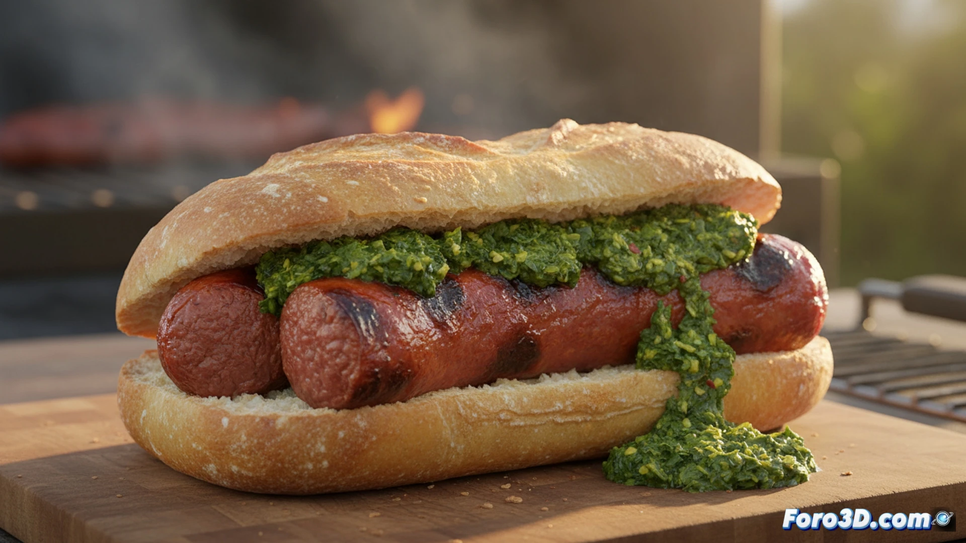 Chorizo argentino dorado a la parrilla, pan crujiente y chimichurri fresco, humo y simplicidad de sabor.