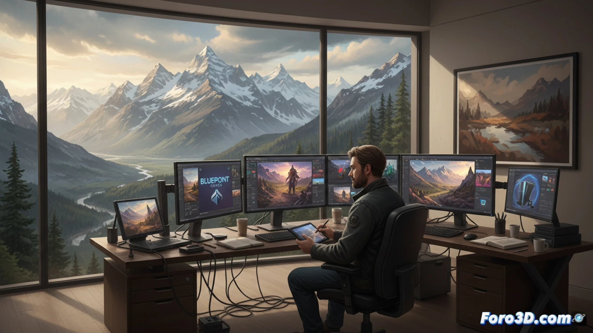 A digital artist at a workstation in a mountain cabin, hands on a stylus while remastering a game character model on a large monitor, split-screen showing Craig Mullins-inspired brushstrokes and a 3D environment from Bluepoint Games, mountain peaks visible through a window behind, cinematic photorealistic technical illustration, dramatic natural light from the window contrasting with the cool glow of the screen, stylus tip touching the tablet surface during a texture painting action, detailed UI panels with color palettes and layer adjustments surrounding the 3D model on screen