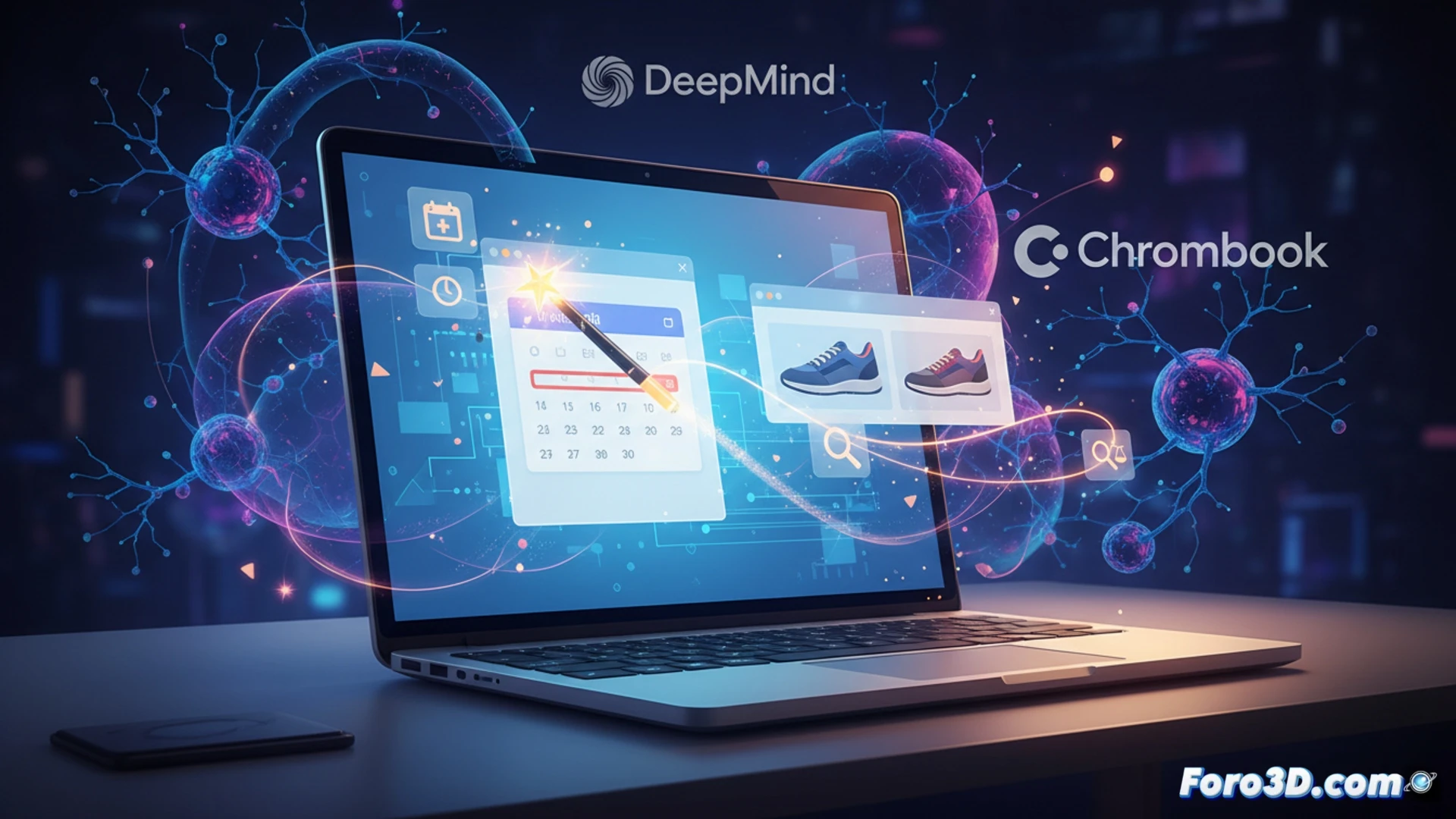 Chromebook con cursor brillante y menú contextual IA: sugiere crear reunión al seleccionar fecha, con logos de DeepMind.