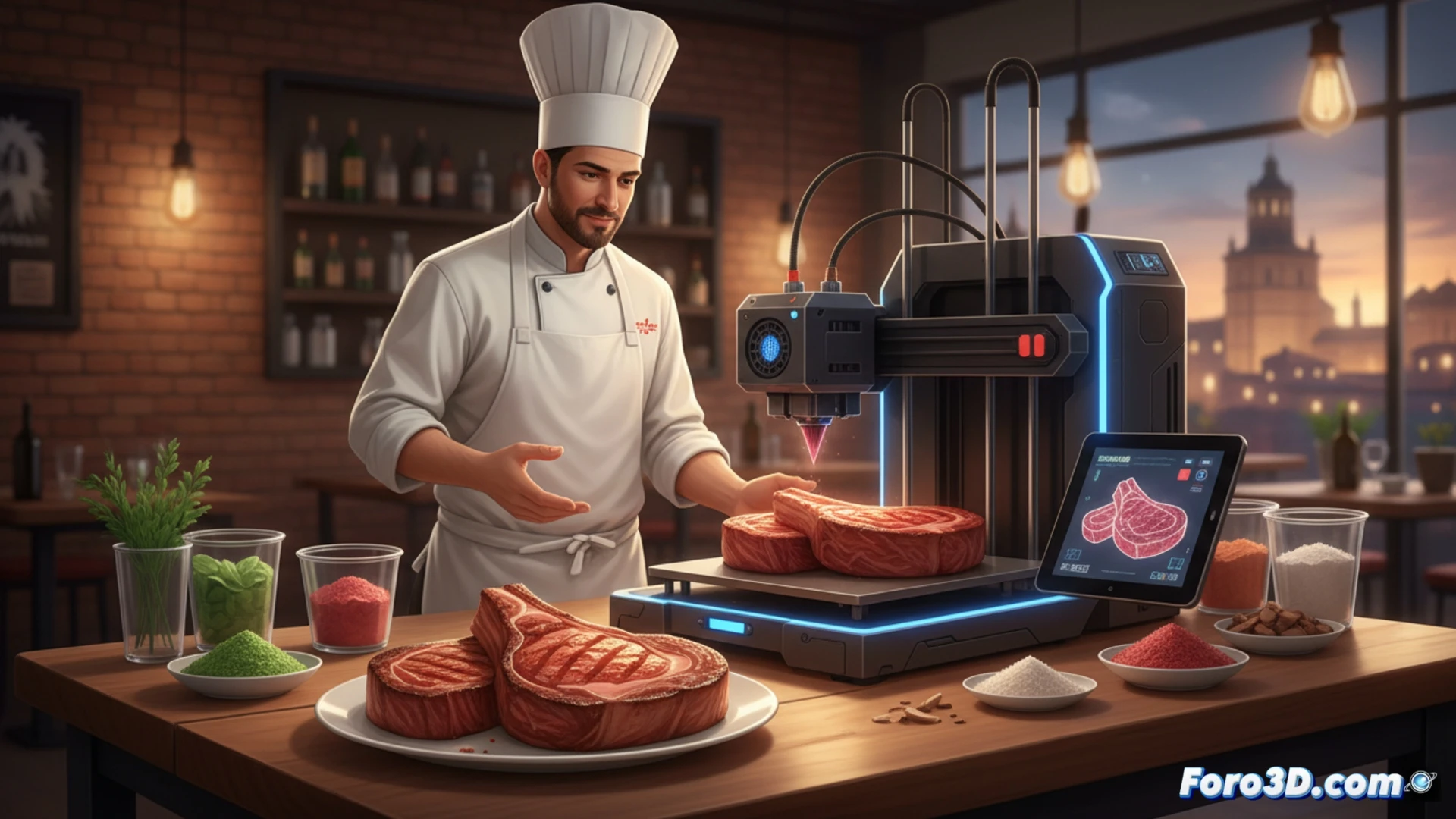 Chuletón impreso en 3D, con textura y vetas realistas, rodeado de vegetales frescos en una cocina moderna de Valladolid.