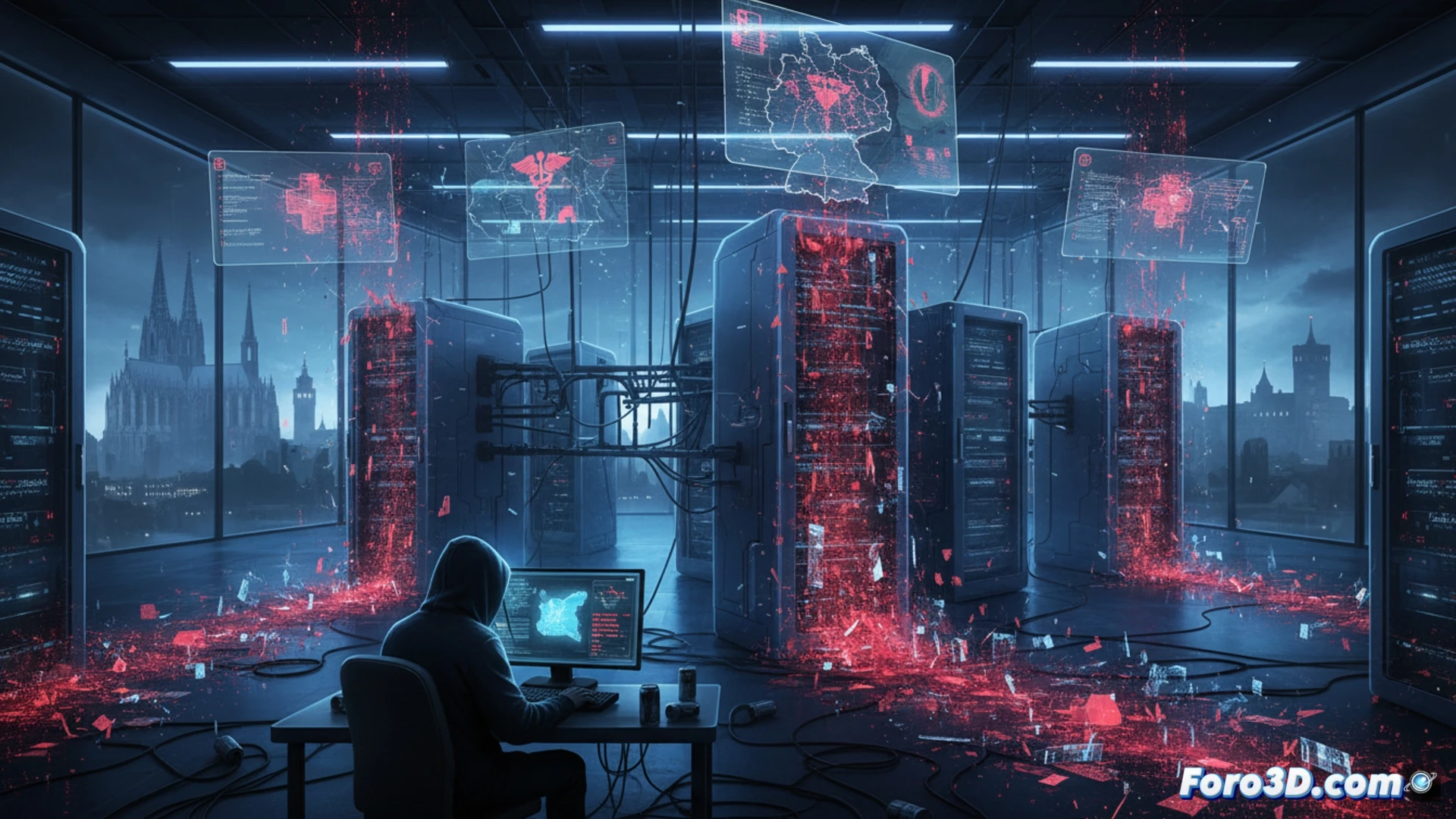 dark hospital server room, multiple monitor screens showing encrypted patient data streams, glowing red warning alerts across network diagrams, shadowy figure silhouette reflected in glass panel, cables connected to compromised database servers, medical cross icon flickering on central display, cinematic cybersecurity visualization, cold blue and red emergency lighting, data packets visualized as glowing particles being extracted from firewall, technical illustration style, photorealistic render, ultra-detailed hardware components, dramatic tension atmosphere