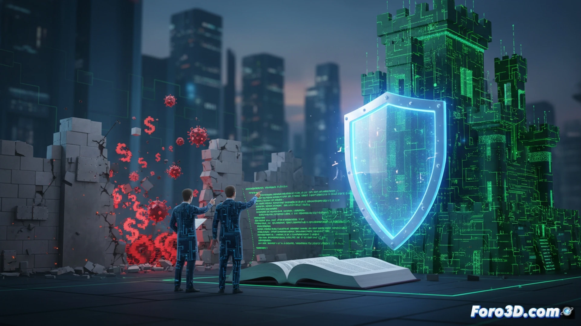 Una moneda de un dólar emite un brillo siniestro sobre un teclado.  
Código fuente defectuoso se enreda como raíces,  
mientras un candado digital se rompe en mil pedazos.  
Al fondo, la sombra de un hacker barato sonríe.