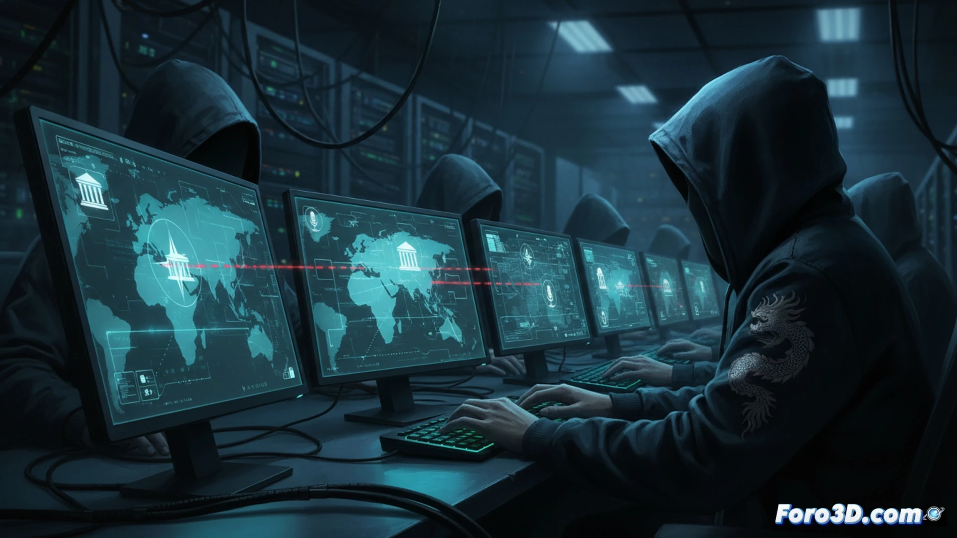 Mapa 3D con conexiones cibernéticas entre Asia y OTAN, mostrando puntos de vulnerabilidad en cadena de suministro digital