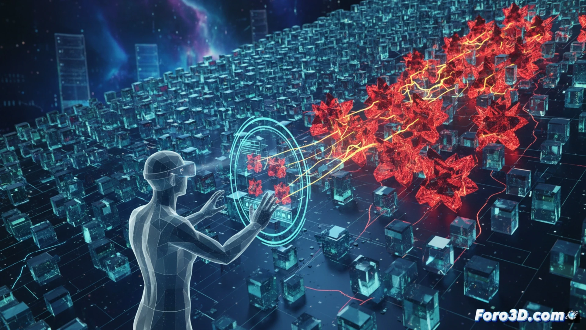 Un especialista en ciberseguridad examina un entorno virtual 3D con nodos de red como esferas brillantes y rutas de ataque en rojo, detectando amenazas digitales de forma intuitiva y rápida.
