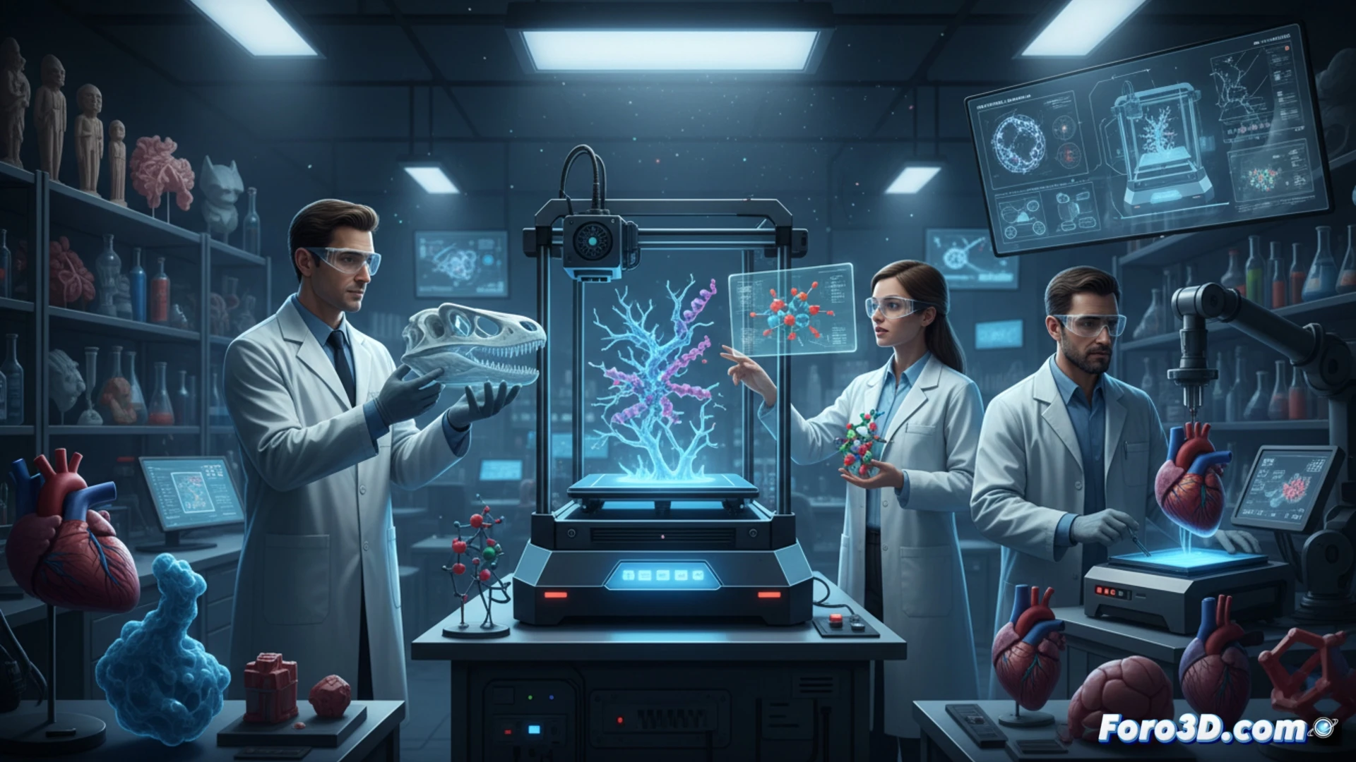 Científico sostiene una proteína en 3D impresa, rodeado de modelos moleculares y fósiles en la mesa del laboratorio.