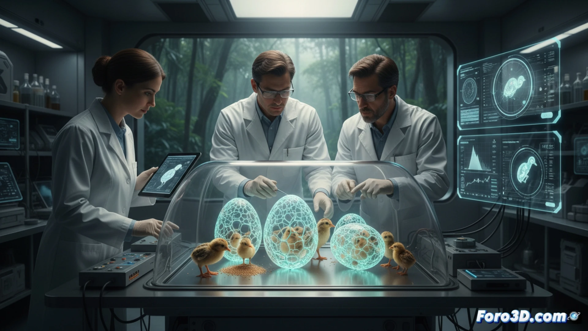 high-tech laboratory scene, transparent 3D-printed artificial egg on heated incubation platform, internal sensors glowing with blue LED indicators, chick embryo visible through translucent shell during development, researcher adjusting temperature controls on nearby monitor showing real-time data graphs, robotic arm precisely calibrating humidity levels, sterile white workspace, soft warm amber light inside egg contrasting cool blue digital displays, cinematic photorealistic engineering visualization, ultra-detailed texture of printed polymer shell mimicking natural pores, macro lens focus on egg surface micro-structures, dramatic side lighting emphasizing transparency and internal life
