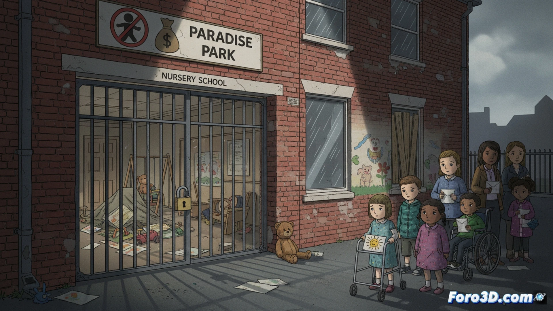 daycare center hallway filled with colorful children's drawings and toys, a large metallic padlock being snapped onto a glass door by a municipal worker wearing a badge, broken crayons scattered on the floor, a child's hand pressing against the glass from inside, dark budget spreadsheet numbers projected faintly on the wall behind, cinematic photorealistic visualization, dramatic overhead fluorescent lighting casting long shadows, ultra-detailed textures of wood and plastic, emotional tension frozen in the action, technical architectural render style