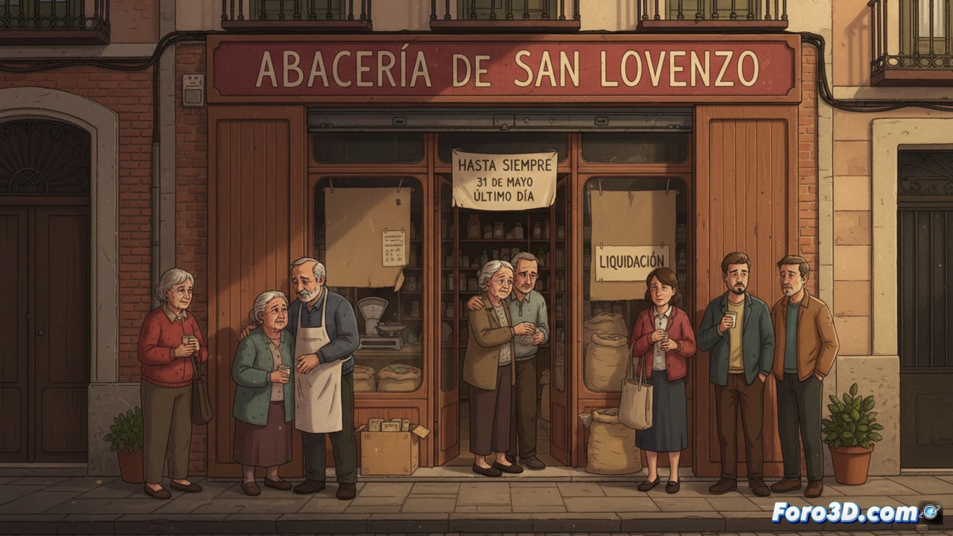 Abaceria de San Lorenzo storefront at dusk, metal shutter half-closed casting long shadows on empty sidewalk, weathered wooden counter inside with empty glass jars and dusty scales, elderly shopkeeper removing last hanging jamon from ceiling hook while checking smartphone showing declining sales graph, neon open sign flickering weakly, cracked ceramic floor tiles, faded product labels on shelves, dim warm light contrasting with cold blue glow from delivery app interface on counter, photorealistic architectural photography, melancholic cinematic atmosphere, shallow depth of field focusing on closing ritual, hyperdetailed textures of aged wood and rusted metal fixtures