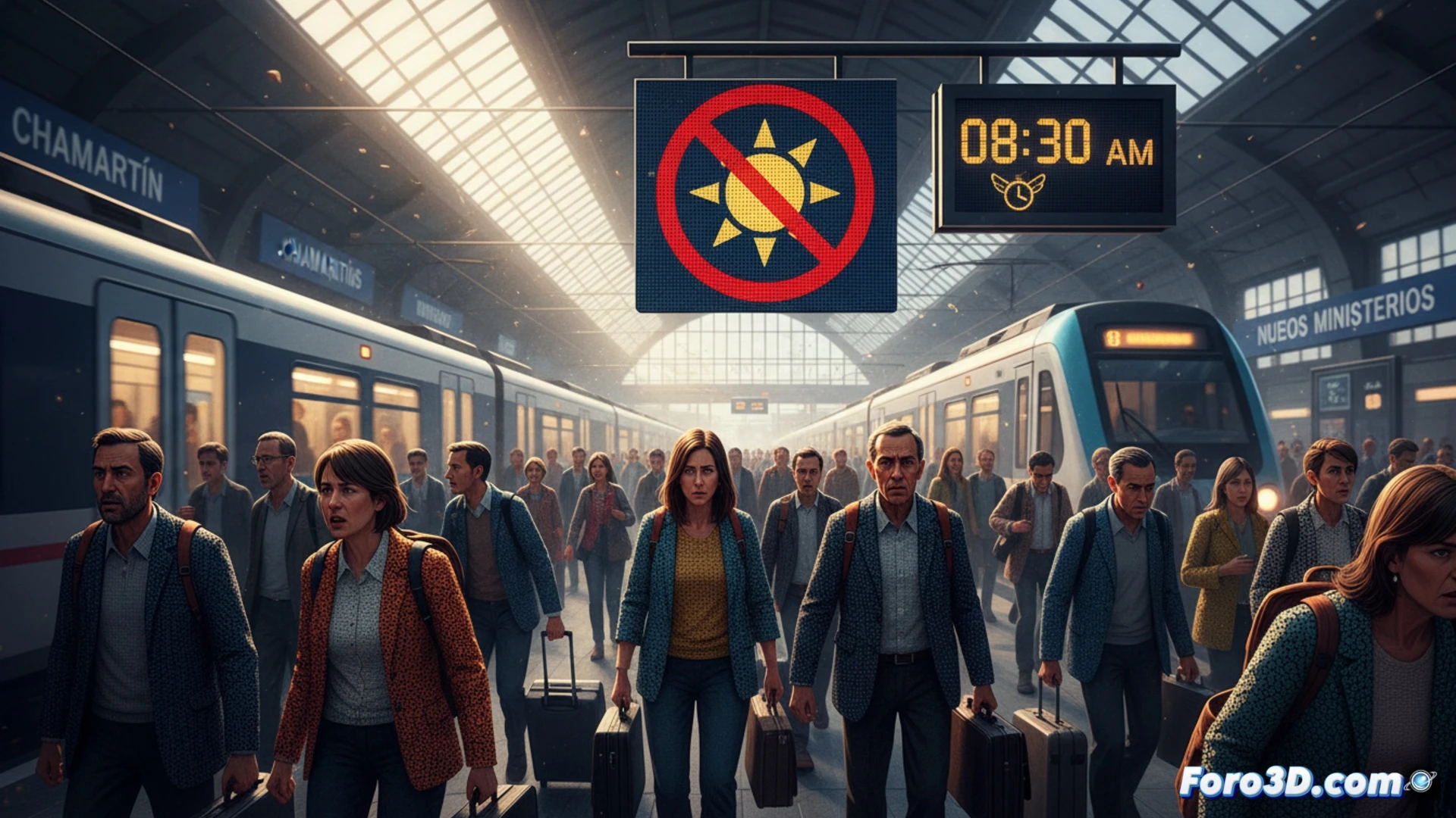 photorealistic night scene of Tres Cantos commuters stranded at closed Sol station entrance, orange construction barriers blocking access, workers in reflective vests installing warning signs, distant Cercanías train stopped on tracks, passengers checking phones while walking toward temporary bus shuttle stop, glowing station clocks showing delayed departure times, architectural details of Madrid granite walls and iron beams, cinematic lighting with harsh shadows from construction floodlights, high contrast urban infrastructure photography style, crowded platform during peak hours, motion blur of frustrated travelers