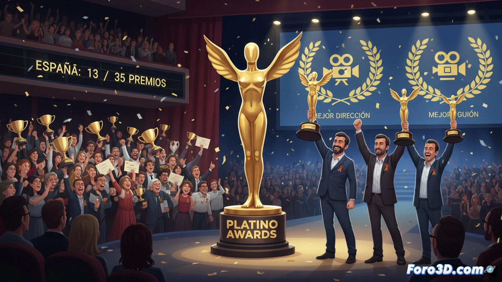 Una alfombra roja en Riviera Maya muestra trofeos Platino; banderas de España, Argentina y Brasil ondean; destaca el título 'El agente secreto' en primer plano.