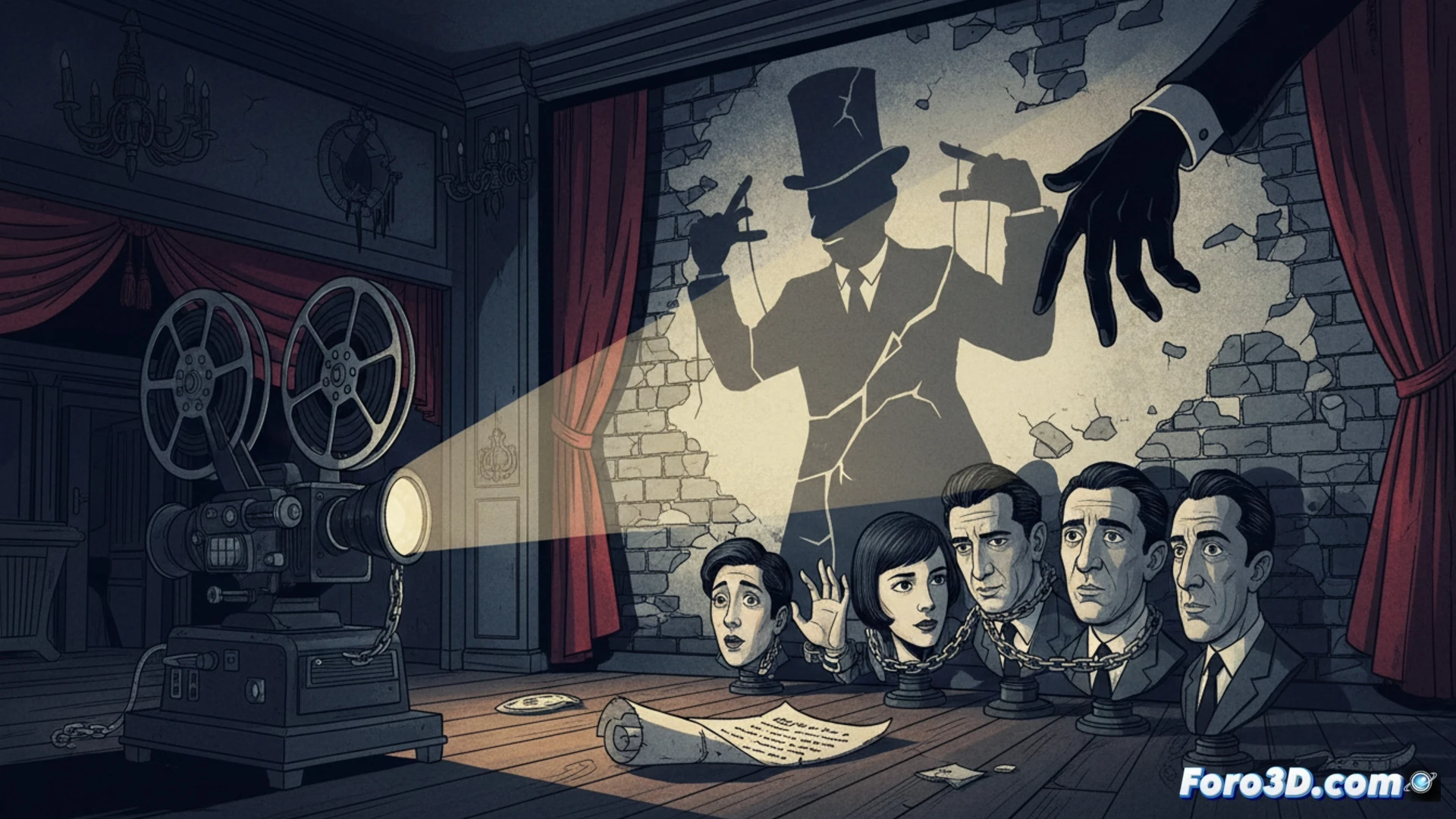 Un cine oscuro y vacío, con una pantalla rota mostrando el logo de Canal+, sombras de figuras del cine francés al fondo.