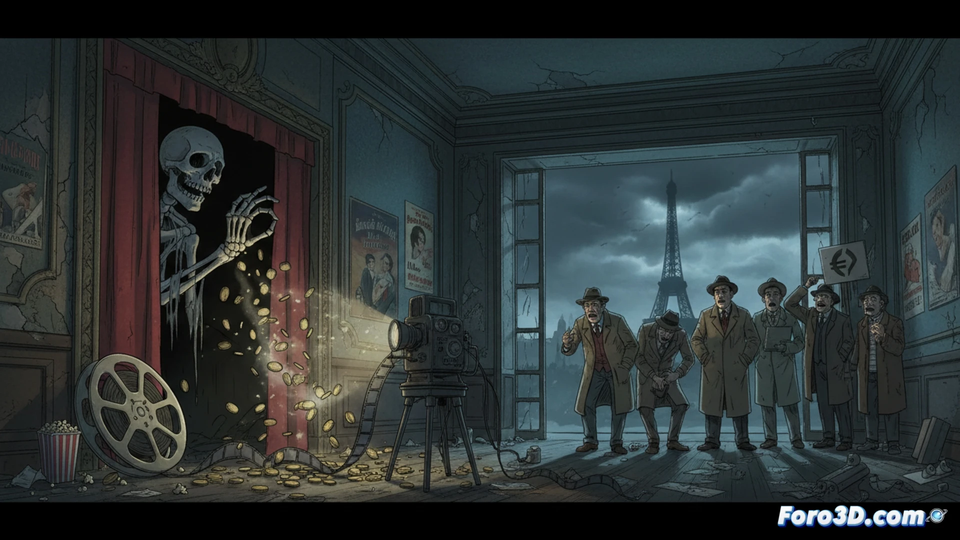 French cinema production set, empty director chair in foreground with cracked leather, film reels scattered on concrete floor, budget spreadsheet pages torn and floating in mid-air, vintage movie camera with broken lens, projector beam fading into darkness, abandoned lighting rigs casting long shadows, dust particles suspended in dim light, cinematic photorealistic style, dramatic chiaroscuro lighting, deep focus composition, metallic surfaces with worn patina, technical film equipment deterioration visible, cold blue and amber color contrast, wide-angle lens perspective showing empty seats in background