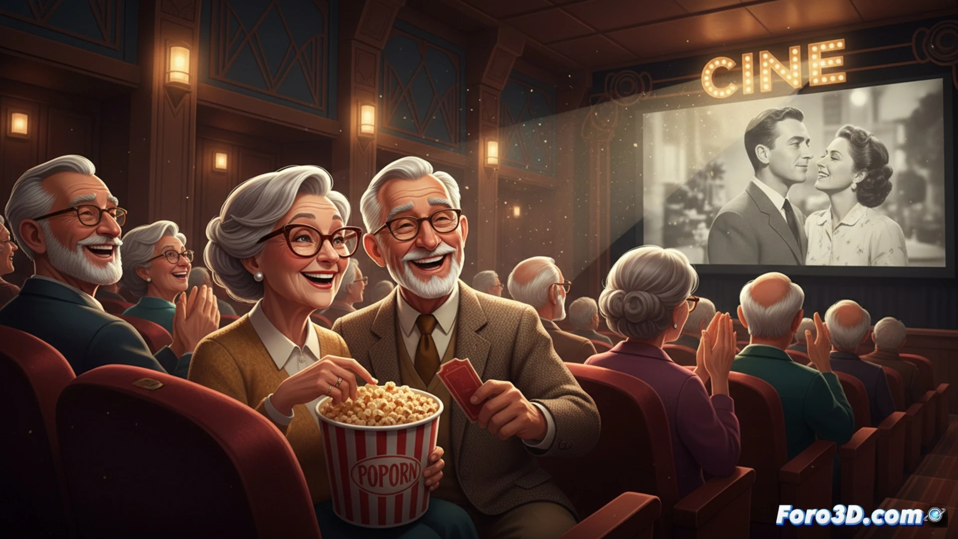 senior couple at cinema ticket counter, woman in her 70s holding a 2-euro coin, man inserting card into payment terminal, ticket machine displaying transaction process, glowing cinema poster frames in background, red carpet floor, modern lobby with digital screens, cinematic photorealistic visualization, warm amber lighting, shallow depth of field, detailed textures on ticket paper and leather wallet, subtle lens flare from projector beam overhead, realistic reflection on polished floor, technical illustration style with clear transactional elements