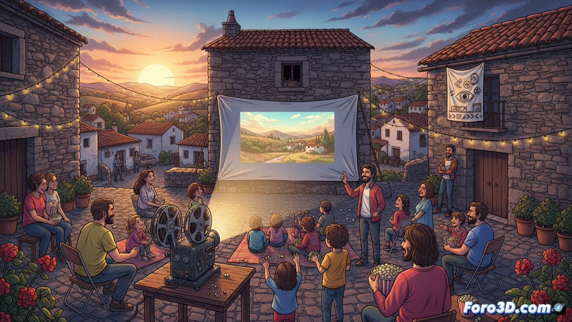 Interior de un cine rural restaurado, técnicos instalando un proyector digital de última generación sobre una mesa de trabajo, cables HDMI y fibra óptica conectados a un rack de servidores, pantalla blanca desplegándose durante el montaje, butacas vacías iluminadas por un haz de luz cálida del proyector en prueba, polvo suspendido en el rayo lumínico, estilo cinematográfico realista, textura de madera y metal desgastado, atmósfera nostálgica pero tecnológica, iluminación tenue con focos LED azulados en el equipo, photorealistic technical illustration, acción de conexión y calibración demostrando el proceso de reactivación cultural.