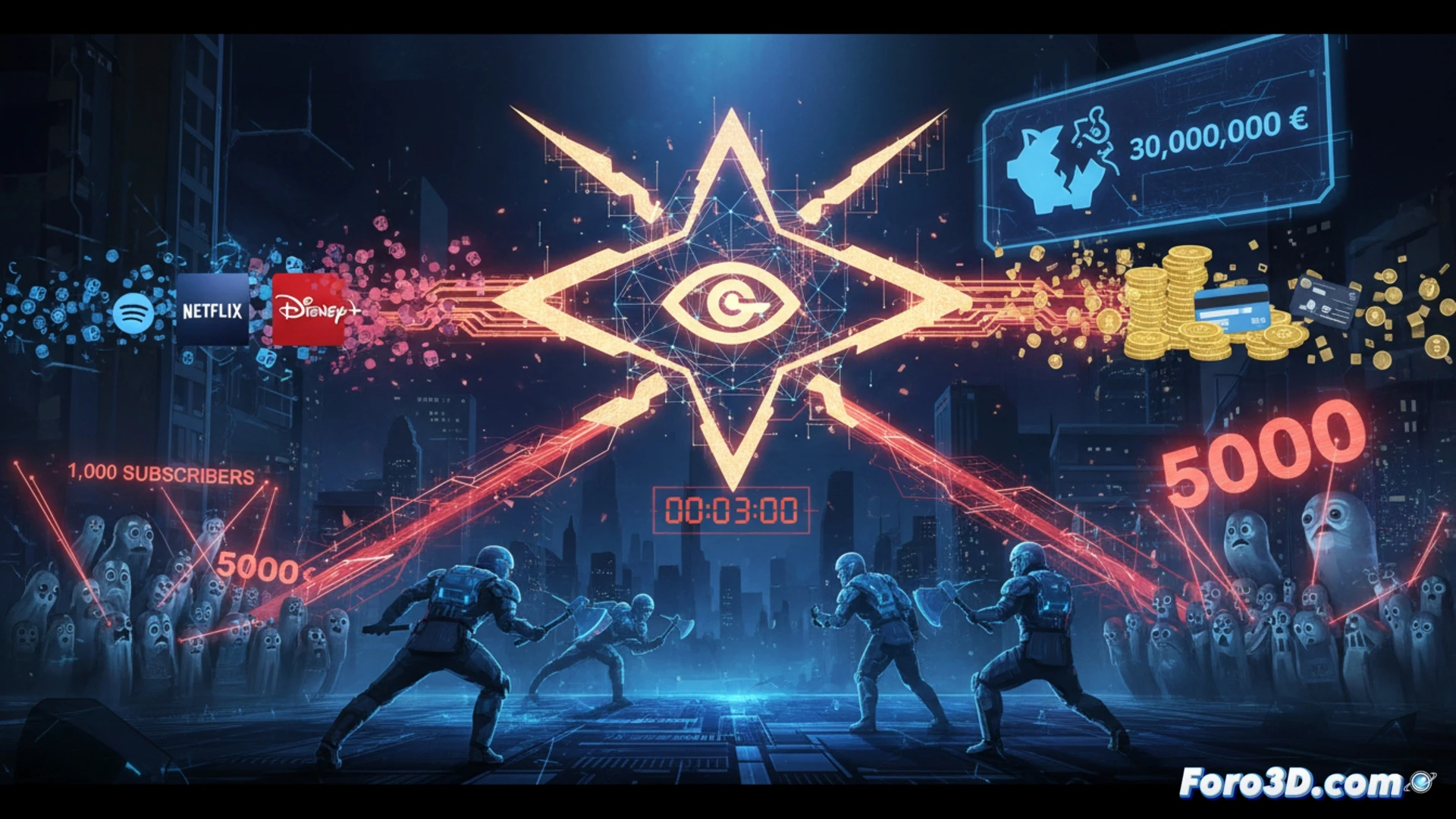 cinematic scene of digital credentials being siphoned from glowing Netflix and Spotify interfaces on multiple screens, three-minute countdown timer visible on a central monitor, streaming platform logos flickering in red warning tones, dark server room with blinking network switches, shadowy figure typing on keyboard, data streams flowing into a black market cart icon, photorealistic technical illustration, high-contrast lighting, metallic hardware reflections, cables and routers in background, dramatic cybercrime atmosphere