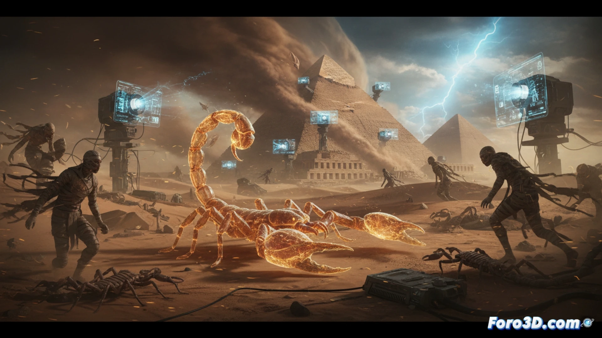 Cinesite VFX artists compositing Spanish desert landscape into ancient Cairo street, digital sandstorm particles swirling around Egyptian architecture, scorpion creature emerging from dust cloud, workstation monitors showing Maya and Nuke software interfaces, green screen backdrop with motion capture markers, cinematic photorealistic render, dramatic golden sunlight breaking through storm, detailed stone textures and hieroglyphs, technical illustration style, action showing transformation process