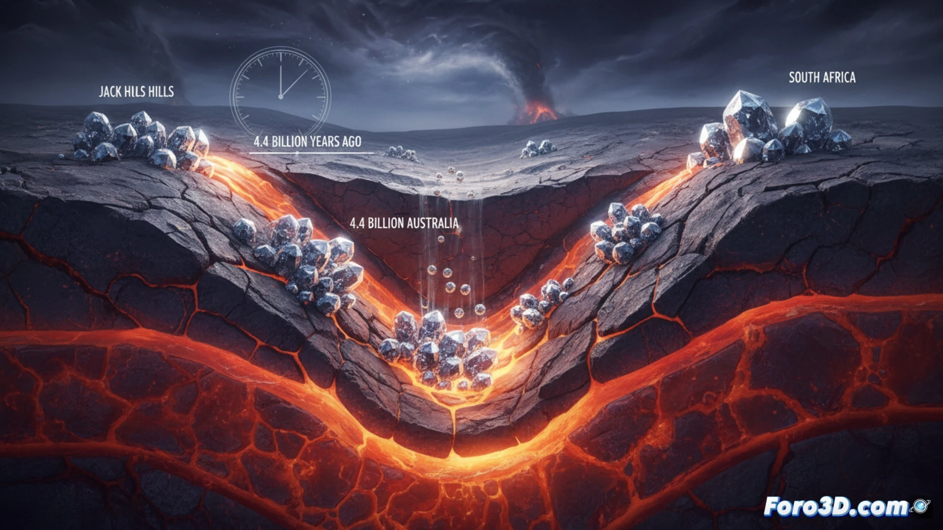 Ancient zircon crystals embedded in Jack Hills rock formation, cross-section view showing microscopic mineral grains being analyzed by a scanning electron microscope beam, glowing blue laser ablation lines tracing crystal lattice structures, adjacent comparison panel displaying South African zircons with stable crustal texture, dramatic split-screen action revealing asynchronous tectonic processes, photorealistic geological visualization, ultra-detailed crystalline surfaces, scientific laboratory lighting, precision instrument shadows, depth of field emphasizing mineral age contrast