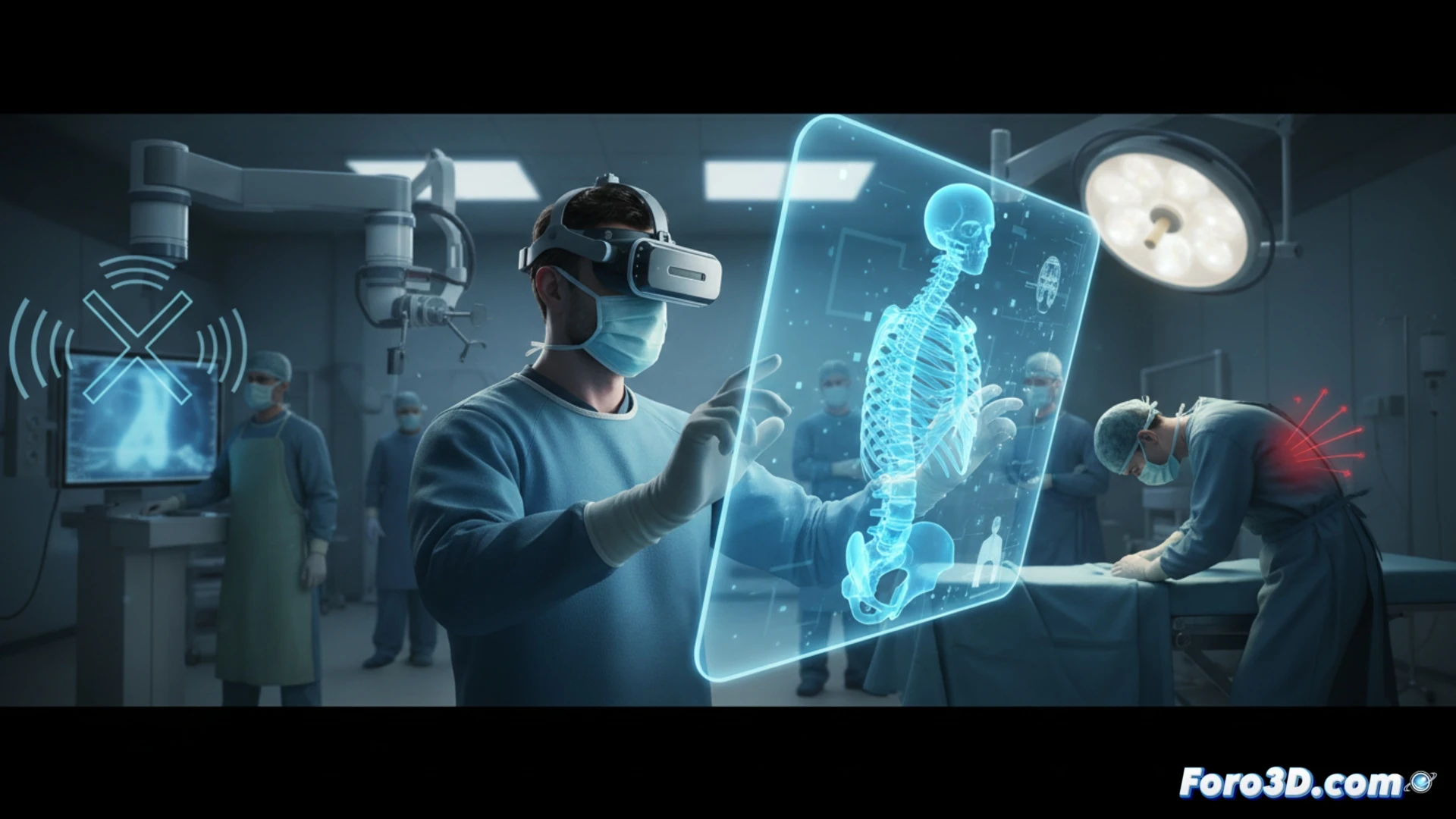 Cirujano usando gafas de realidad virtual para planificar operación con modelo 3D del paciente en quirófano