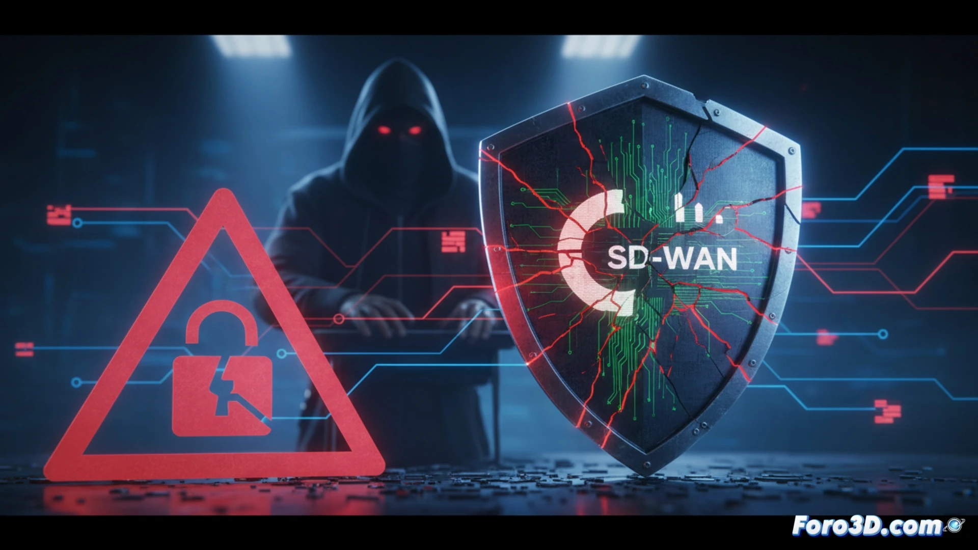 Cisco SD-WAN router rack with glowing red alert indicators, digital network traffic lines converging into the device while a shadowy hand interface accesses administrative console through a broken firewall barrier, real-time exploitation animation showing unauthenticated access gaining control over enterprise network nodes, cinematic cybersecurity visualization, dark server room atmosphere, electric blue and crimson data streams, holographic lock icons shattering, photorealistic engineering render with metallic chassis reflections and LED status lights pulsing during attack sequence